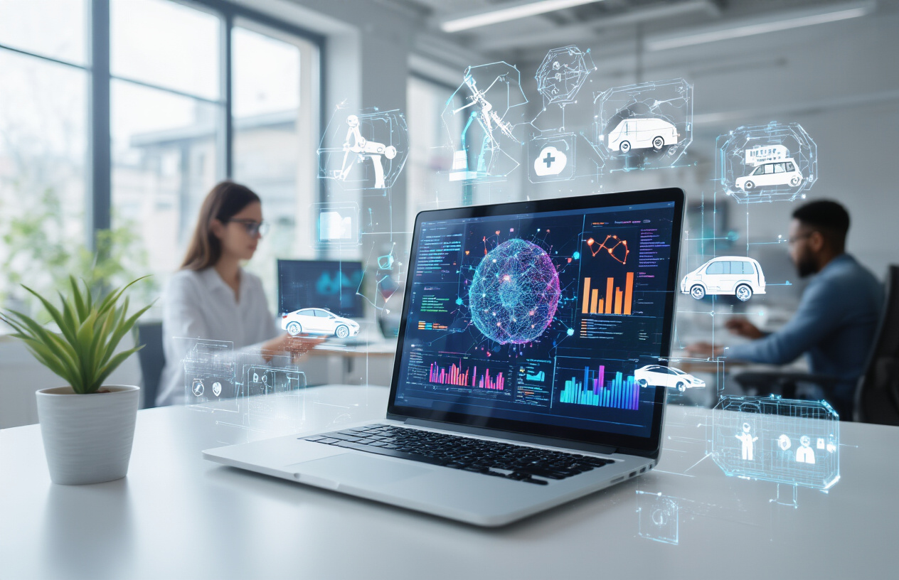 Create a realistic image of a modern workspace showcasing machine learning technology with a laptop displaying colorful data visualizations and neural network diagrams on the screen, surrounded by floating holographic elements representing AI applications like robotic arms, healthcare symbols, and autonomous vehicles, with a diverse group including a white female data scientist and a black male programmer collaborating in the background, set in a bright contemporary office environment with natural lighting streaming through large windows, conveying innovation and future possibilities in artificial intelligence, absolutely NO text should be in the scene.