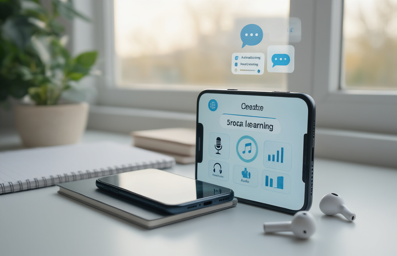 Create a realistic image of a smartphone screen displaying a language learning app interface with visible feature icons including microphone for speech recognition, headphones for audio playback, progress tracking charts, and interactive conversation bubbles, placed on a clean white desk next to wireless earbuds and a notebook, with soft natural lighting from a nearby window creating a focused learning environment, Absolutely NO text should be in the scene.