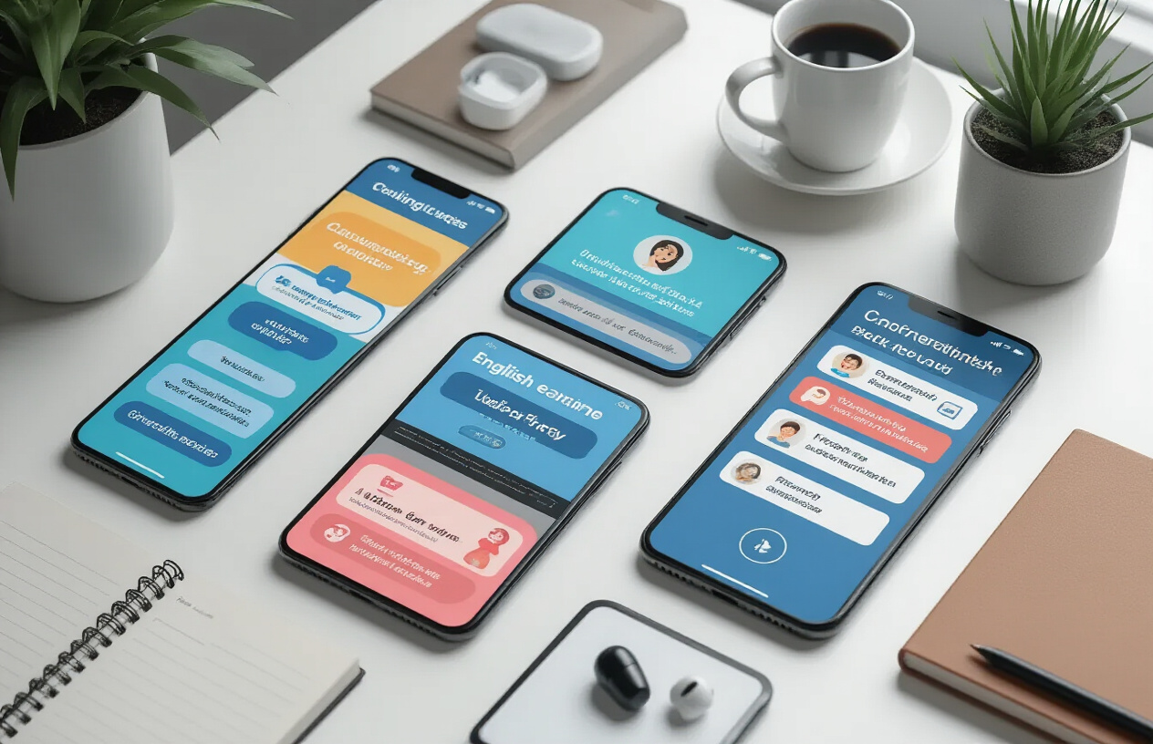 Create a realistic image of a diverse collection of smartphone screens displaying different English learning app interfaces arranged in a grid layout on a clean white surface, with each phone showing unique app designs featuring conversation bubbles, pronunciation guides, vocabulary flashcards, and interactive speaking exercises, surrounded by modern study accessories like wireless earbuds, a notebook, and a coffee cup, under bright natural lighting that creates a professional and educational atmosphere, absolutely NO text should be in the scene.