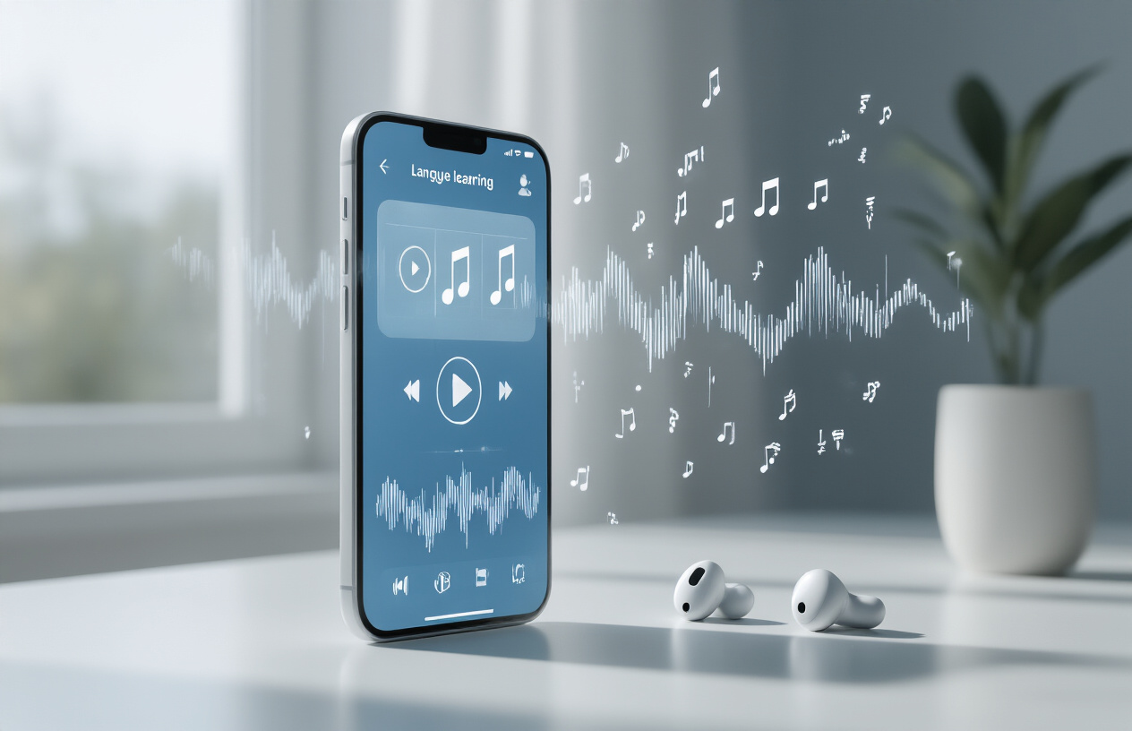 Create a realistic image of a close-up view of a smartphone displaying a language learning app interface with pronunciation features, surrounded by audio waveform visualizations and phonetic symbols floating in the air, with wireless earbuds placed nearby on a clean white desk surface, soft natural lighting from a window creating gentle shadows, modern minimalist background with subtle blue and white color scheme, Absolutely NO text should be in the scene.