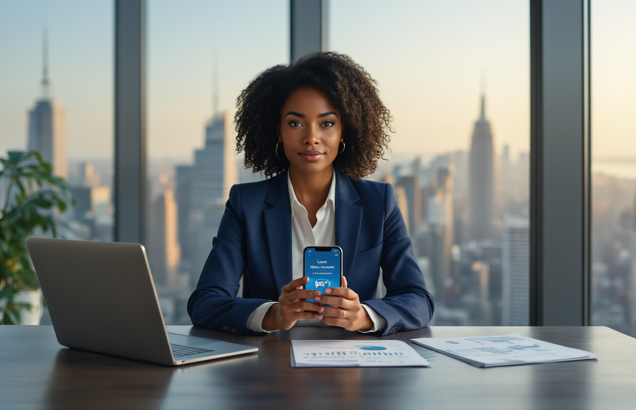 Create a realistic image of a professional black female businesswoman in a modern office setting sitting at a sleek desk with a smartphone displaying a language learning app interface, wearing a navy blue blazer, with a laptop computer and business documents nearby, surrounded by floor-to-ceiling windows showing a city skyline, warm natural lighting creating a productive atmosphere, absolutely NO text should be in the scene.