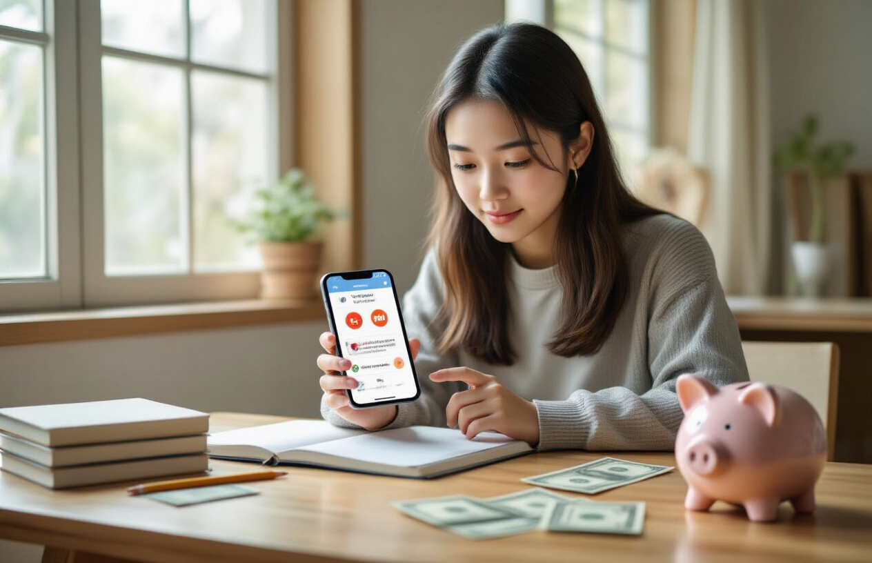Create a realistic image of a young Asian female student sitting at a clean wooden desk with a smartphone displaying a language learning app interface, surrounded by affordable learning materials like a budget notebook, a simple pencil, and a few crumpled dollar bills, with a piggy bank nearby, soft natural lighting from a window creating a warm and encouraging atmosphere, representing cost-effective English learning solutions, absolutely NO text should be in the scene.