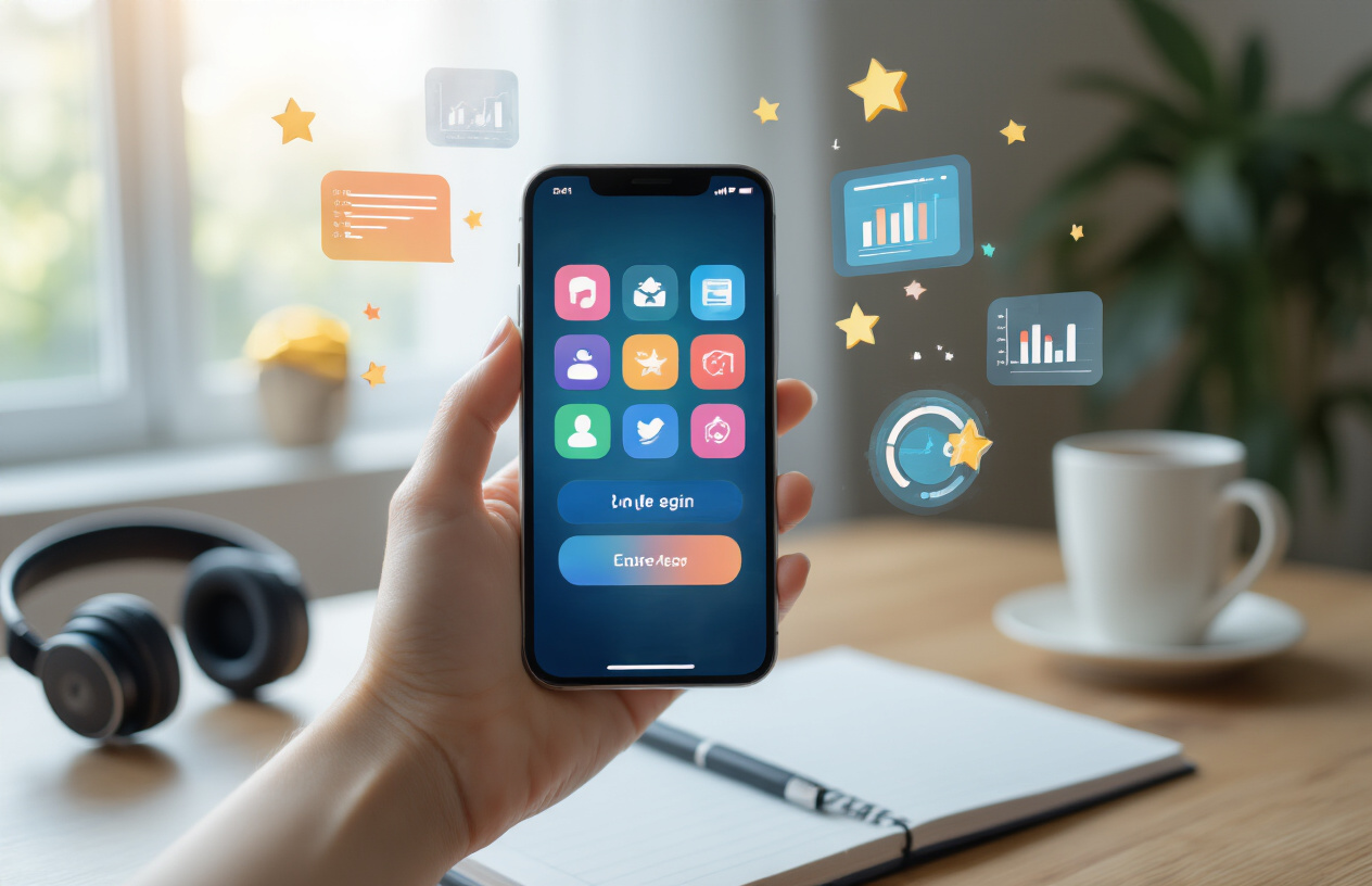 Create a realistic image of a white female hand holding a smartphone displaying multiple colorful English learning app icons on the screen, surrounded by floating digital elements like progress charts, stars, and achievement badges, with a modern desk setup in the background featuring headphones, a notebook, and a coffee cup, soft natural lighting from a window, conveying productivity and strategic learning planning, absolutely NO text should be in the scene.