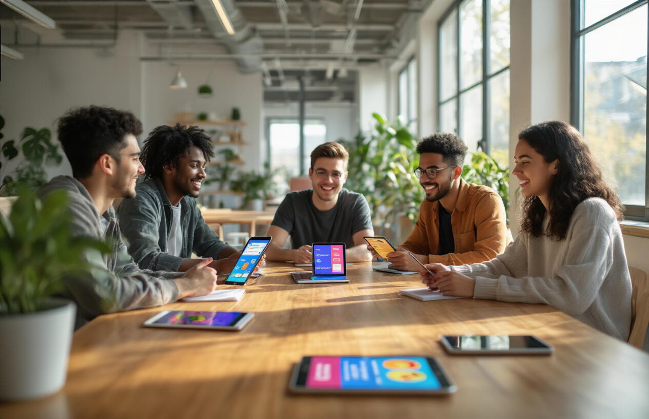 Create a realistic image of a diverse group of young adults sitting around a modern wooden table in a bright, contemporary study space, with smartphones and tablets displaying colorful language learning app interfaces scattered on the table, showing people engaged in conversation and smiling with confidence, warm natural lighting streaming through large windows, creating an atmosphere of achievement and successful language learning, with small potted plants and modern decor in the background suggesting a productive learning environment, absolutely NO text should be in the scene.