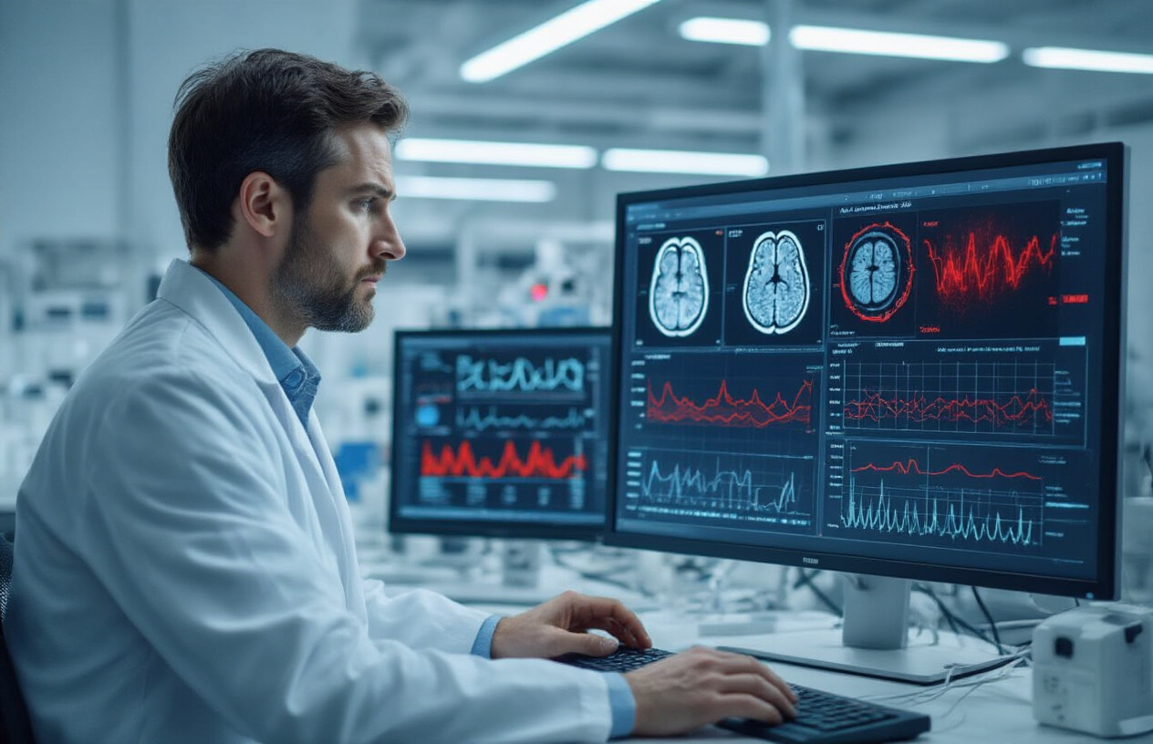 Create a realistic image of a modern research laboratory or clinical setting with scientific charts, graphs, and brain scan imagery displayed on computer monitors and wall screens, showing stress-related data visualization with red warning indicators and elevated cortisol level readings, a white male researcher in a lab coat analyzing the data with a concerned expression, scientific equipment like EEG machines and stress monitoring devices in the background, sterile white and blue color scheme with bright fluorescent lighting creating a clinical atmosphere, conveying the serious scientific study of anxiety and stress responses, absolutely NO text should be in the scene.