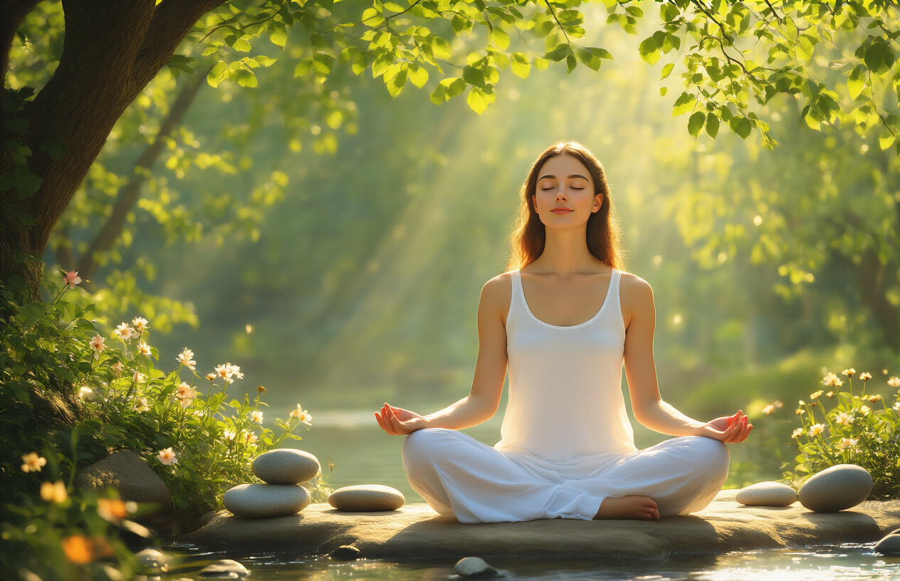 Create a realistic image of a peaceful white female sitting cross-legged in a serene natural setting with lush green trees and soft sunlight filtering through leaves, her eyes gently closed in a meditative pose with a calm expression, surrounded by elements representing balance like smooth stones, gentle flowing water, and blooming flowers, with warm golden lighting creating a tranquil atmosphere that conveys inner peace, mindfulness, and harmony between material and spiritual well-being, absolutely NO text should be in the scene.