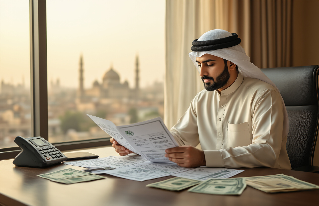 Create a realistic image of a Pakistani businessman in traditional shalwar kameez sitting at a modern office desk reviewing financial documents and loan papers, with Islamic banking symbols and Pakistani rupee notes visible on the desk, warm natural lighting from a window showing Lahore cityscape in the background, professional and hopeful mood, absolutely NO text should be in the scene.