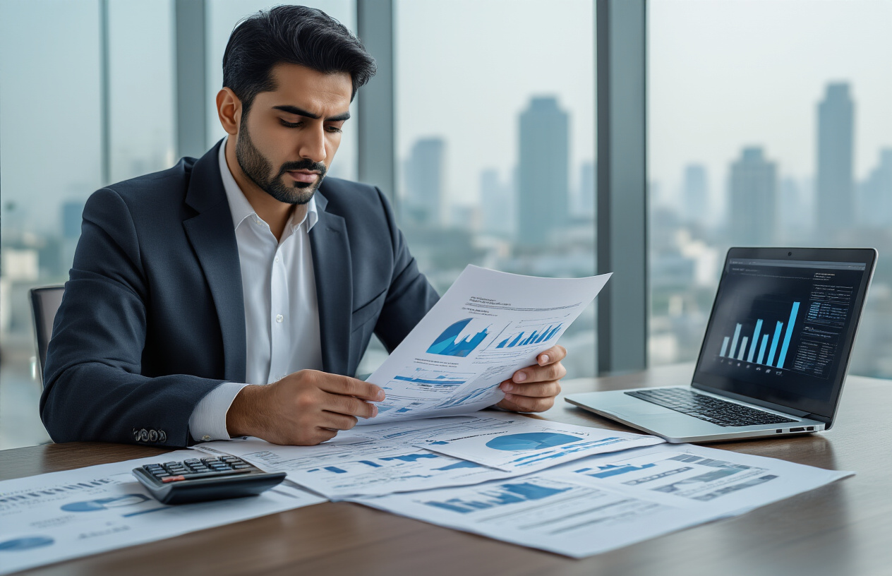 Create a realistic image of a professional Pakistani male businessman in his 30s sitting at a modern office desk reviewing documents and financial papers, with a laptop open showing business charts, calculator nearby, official forms and certificates scattered on the desk, clean modern office environment with glass windows showing cityscape in background, bright natural lighting, focused and determined expression, wearing formal business attire, absolutely NO text should be in the scene.