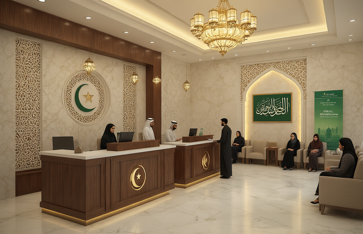 Create a realistic image of a modern Pakistani Islamic bank branch interior with marble floors and Islamic geometric patterns on walls, featuring elegant wooden counters with crescent moon and star symbols, professional Pakistani male and female banking staff in formal attire assisting customers, Islamic calligraphy artwork on walls, warm golden lighting from ornate chandeliers, customers of various ethnicities seated in comfortable waiting area, promotional banners displaying halal financing symbols, and a clean contemporary atmosphere that conveys trust and religious compliance, absolutely NO text should be in the scene.