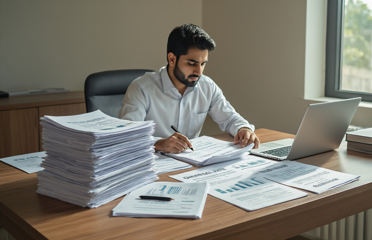 Create a realistic image of a professional Pakistani male office worker sitting at a modern desk organizing important business documents and paperwork, with stacks of application forms, financial statements, and legal documents neatly arranged on the wooden desk surface, a laptop computer open beside the papers, a black pen in hand, warm natural lighting from a nearby window illuminating the workspace, clean office environment with neutral walls in the background, focused and organized atmosphere suggesting preparation for loan application process, absolutely NO text should be in the scene.