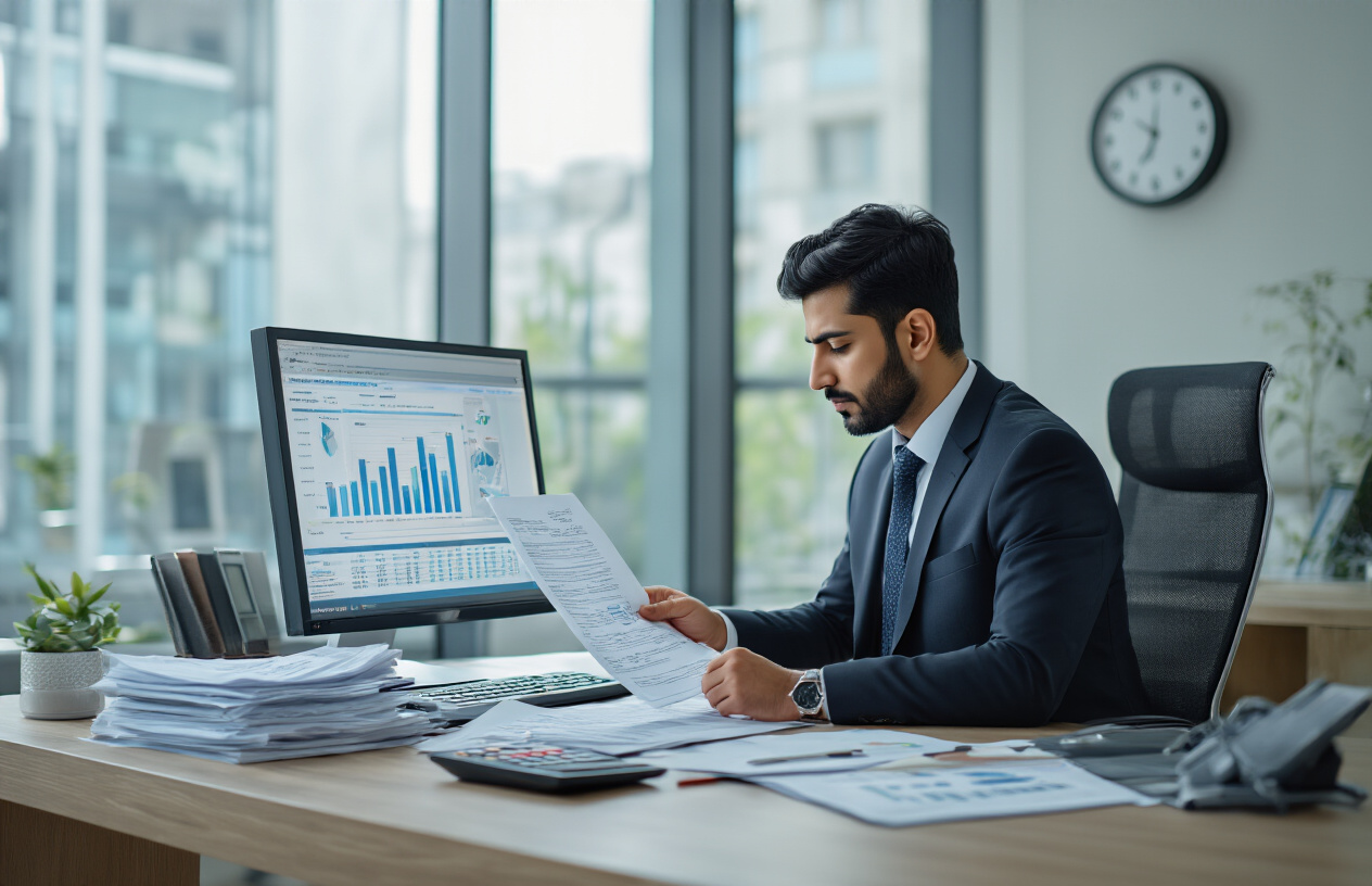 Create a realistic image of a Pakistani male banker in formal business attire reviewing loan documents at a modern office desk with a computer screen showing evaluation progress, surrounded by organized paperwork, calculator, and a wall clock indicating time passage, set in a bright professional banking environment with natural lighting from large windows, conveying a sense of careful assessment and professional efficiency, absolutely NO text should be in the scene.