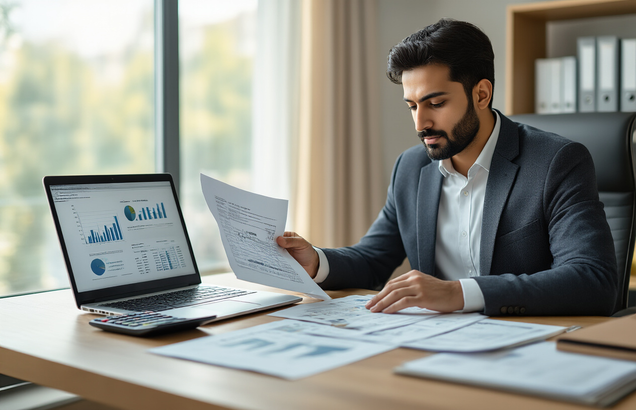 Create a realistic image of a Pakistani male businessman in his 30s sitting at a modern office desk, carefully reviewing financial documents and loan application papers, with a laptop open showing charts and graphs, a calculator nearby, and organized file folders, in a bright professional office setting with warm natural lighting from a window, conveying a focused and optimistic mood about business loan preparation, absolutely NO text should be in the scene.