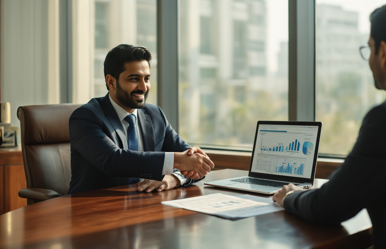 Create a realistic image of a successful Pakistani businessman in a modern office setting, shaking hands with a bank representative across a polished wooden desk, with loan documents and a laptop displaying financial charts visible on the desk, warm natural lighting streaming through large windows, professional atmosphere conveying achievement and financial success, absolutely NO text should be in the scene.