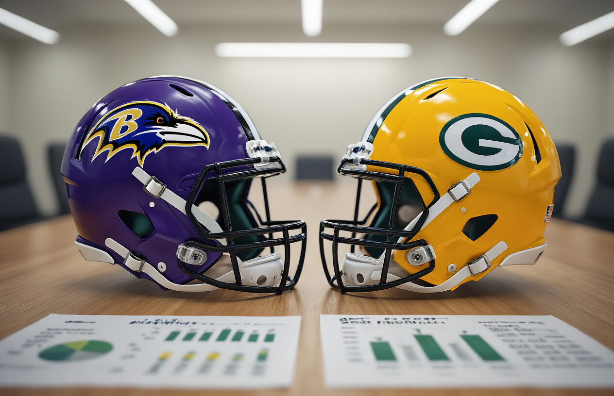Create a realistic image of two NFL football helmets facing each other on a wooden table - one Baltimore Ravens helmet in purple and black and one Green Bay Packers helmet in green and yellow, with football statistics charts and comparison graphs spread around them on the table, set in a modern sports analysis room with soft overhead lighting and a neutral background, absolutely NO text should be in the scene.