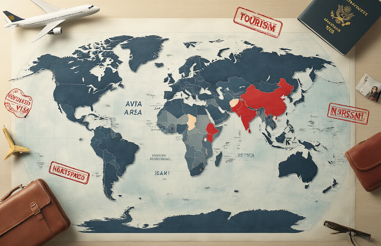 Create a realistic image of a world map with several countries highlighted in red to indicate tourist visa bans, with official government stamps and passport symbols scattered around the map, surrounded by tourism-related icons like airplanes, suitcases, and crossed-out visa stamps, set against a professional office background with soft natural lighting, conveying a serious and informative mood about international travel restrictions. Absolutely NO text should be in the scene.