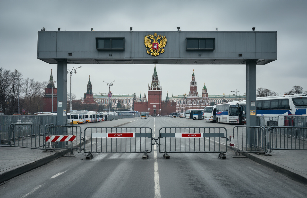 Create a realistic image of a closed Russian border checkpoint with heavy metal barriers blocking the entrance, official Russian government buildings in the background under an overcast gray sky, empty immigration booths with "CLOSED" signs visible, abandoned tourist buses parked nearby, and a somber, restrictive atmosphere conveying complete tourism suspension, with absolutely NO text should be in the scene.
