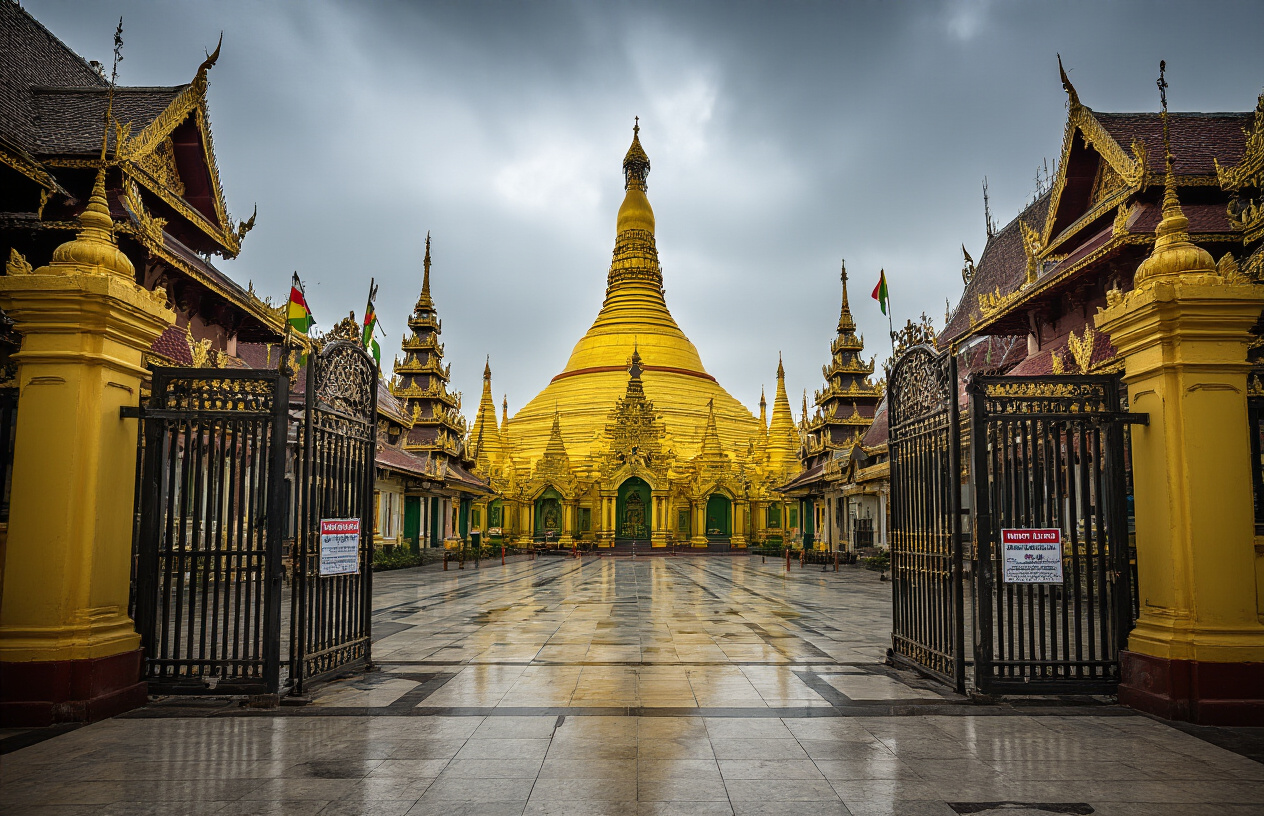 Create a realistic image of Myanmar's iconic golden Shwedagon Pagoda in Yangon with closed ornate gates in the foreground, traditional Myanmar architecture visible in the background, empty tourist pathways with barriers or closure signs, overcast sky creating a somber mood, reflecting the halt in tourist entry, with prayer flags gently swaying in the wind and traditional Myanmar temple structures, absolutely NO text should be in the scene.