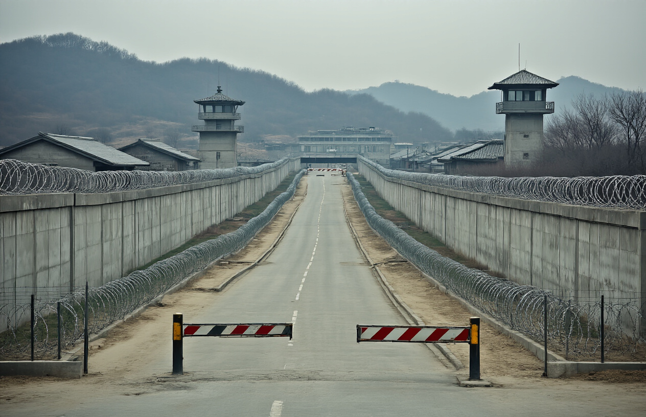 Create a realistic image of North Korea's heavily fortified border with tall concrete walls, barbed wire fences, and military watchtowers under an overcast sky, featuring empty customs buildings and closed checkpoints with barriers blocking the entrance, set against a backdrop of barren hills and creating a somber, isolated atmosphere that emphasizes the complete closure to tourism, absolutely NO text should be in the scene.