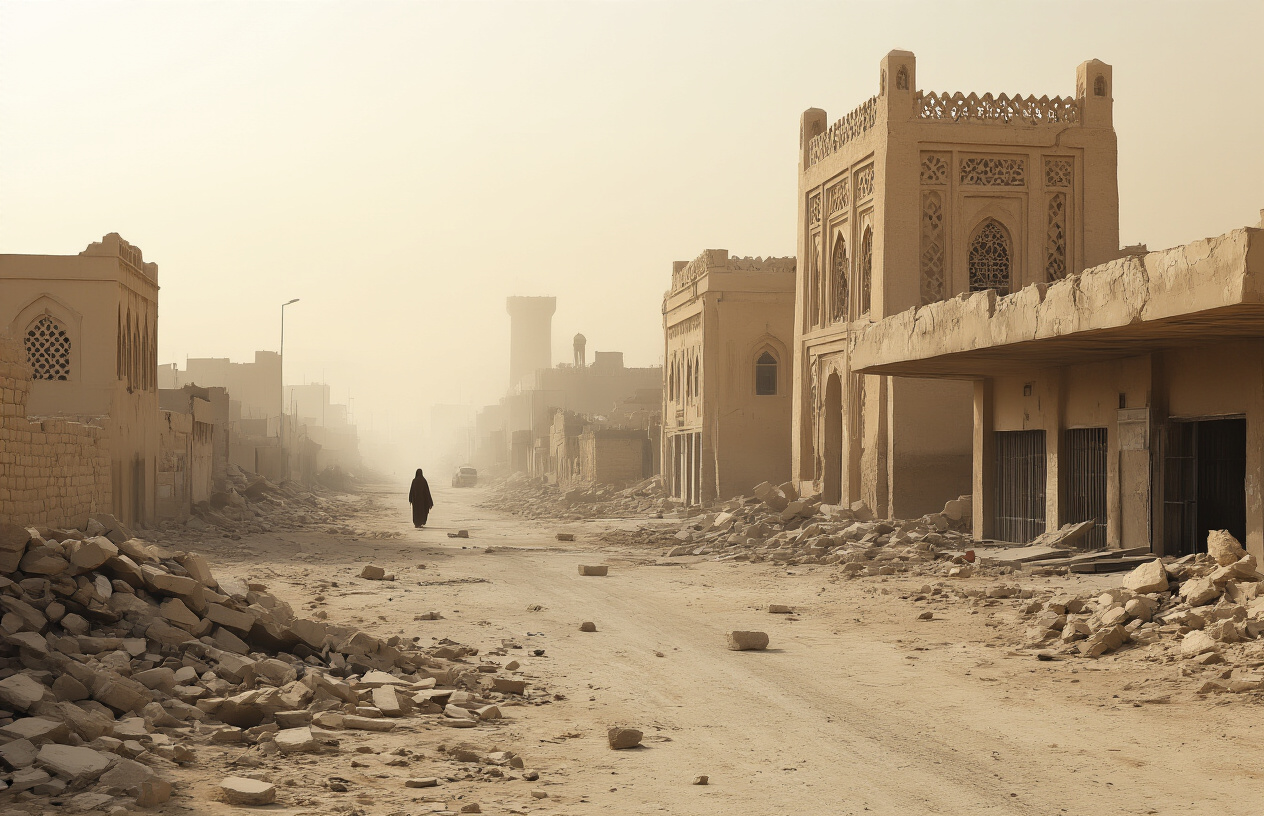 Create a realistic image of damaged buildings and rubble in a Middle Eastern city with traditional Yemeni architecture, featuring sandstone structures with distinctive geometric patterns, broken walls and debris scattered on empty streets, a closed airport terminal or border checkpoint with barriers blocking entry, under a hazy dusty atmosphere with muted lighting suggesting conflict aftermath, showing the harsh reality of travel restrictions due to ongoing warfare, absolutely NO text should be in the scene.