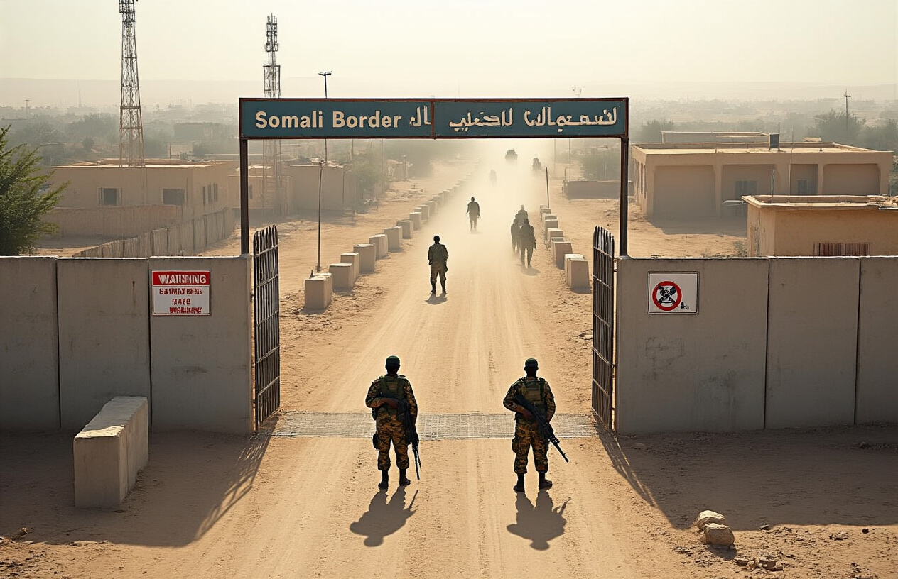 Create a realistic image of a Somali border checkpoint with concrete barriers and security gates, featuring armed Somali security personnel in military uniforms stationed at the entrance, with warning signs and official government buildings in the background, under harsh daylight creating stark shadows, conveying a tense and restrictive atmosphere of heightened border security, with dusty terrain and sparse vegetation typical of Somalia's landscape, absolutely NO text should be in the scene.