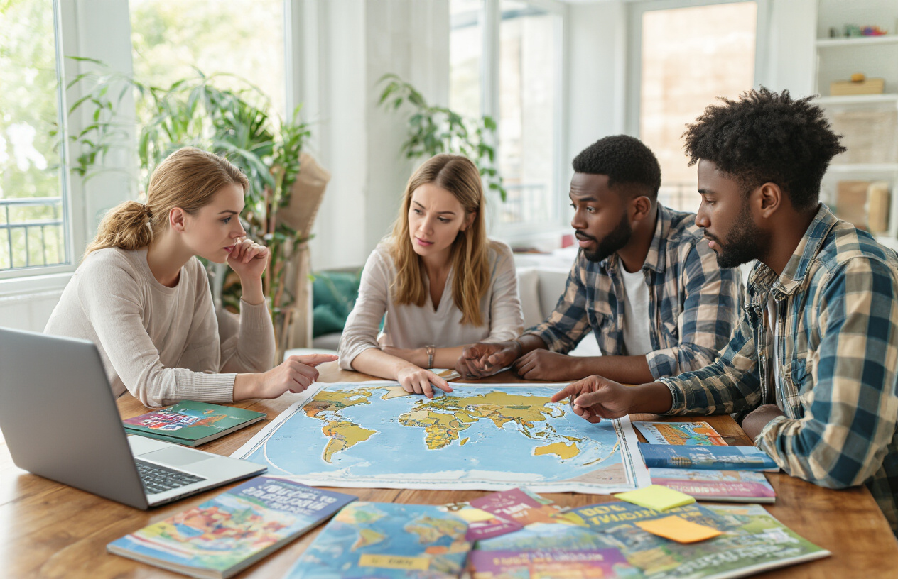 Create a realistic image of a diverse group of travelers sitting around a large wooden table covered with world maps, travel guidebooks, passports, and a laptop computer, with a white female and black male looking concerned while pointing at specific countries on the map, surrounded by colorful travel brochures and sticky notes, in a bright modern living room with natural lighting from large windows, conveying a mood of careful planning and strategic decision-making for upcoming travel plans, absolutely NO text should be in the scene.