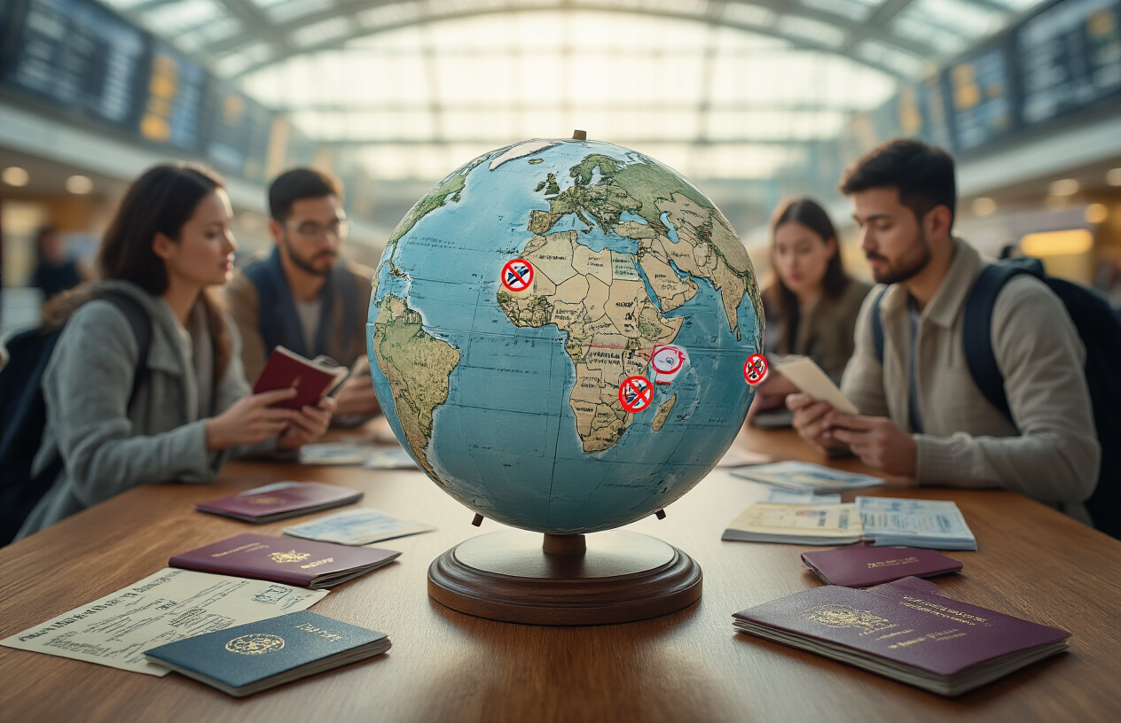 Create a realistic image of a world map or globe prominently displayed in the center with seven countries highlighted in red or marked with prohibition symbols, surrounded by scattered passports from various nations, travel documents, and visa stamps on a wooden desk surface, with a concerned-looking diverse group of travelers (including white male, black female, and Asian male) in the background holding their passports and looking at departure boards or travel information, set in a modern airport terminal with soft natural lighting streaming through large windows, conveying a mood of uncertainty and travel restrictions, absolutely NO text should be in the scene.