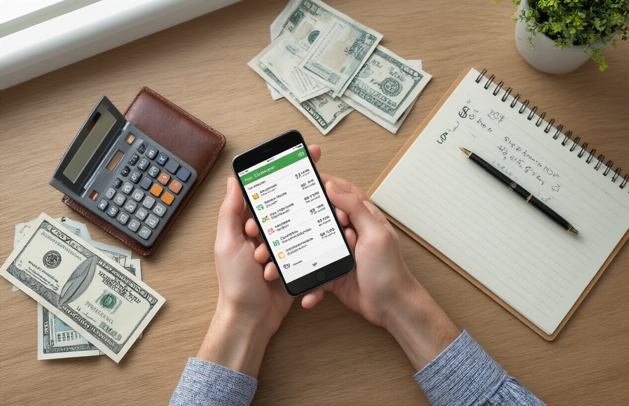 Create a realistic image of a close-up view of hands holding a smartphone displaying a detailed expense tracking app with various spending categories and dollar amounts, surrounded by scattered receipts, a calculator, a leather wallet with cash visible, and a sleek notebook with handwritten budget notes, all arranged on a modern wooden desk surface with soft natural lighting from a window, creating a focused and organized atmosphere that conveys financial precision and mindful money management, absolutely NO text should be in the scene.