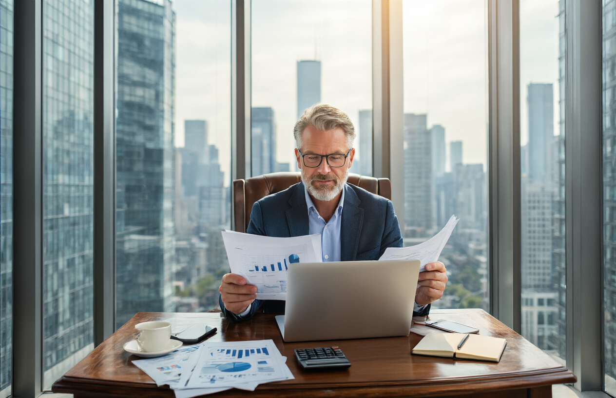 Create a realistic image of a successful middle-aged white male sitting at an elegant wooden desk in a modern office, reviewing financial documents and charts on a laptop screen, with a smartphone, notebook, and calculator nearby, surrounded by floor-to-ceiling windows showing a city skyline, natural daylight streaming in, creating a focused and accomplished atmosphere that represents financial success through disciplined daily habits, absolutely NO text should be in the scene.