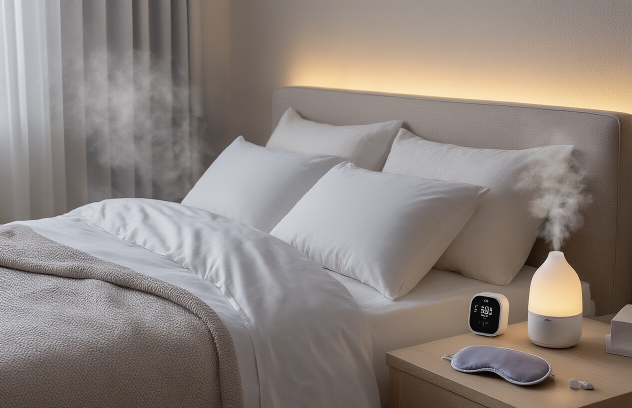 Create a realistic image of a serene bedroom environment optimized for better sleep during hormonal changes, featuring a comfortable bed with cooling bamboo sheets and breathable pillows, a smart thermostat showing an ideal temperature setting, blackout curtains blocking outside light, a small humidifier releasing gentle mist, dim warm lighting from a bedside lamp, lavender essential oil diffuser on a nightstand, and a sleep mask and earplugs nearby, with soft natural colors creating a calming atmosphere that promotes restful sleep, absolutely NO text should be in the scene.