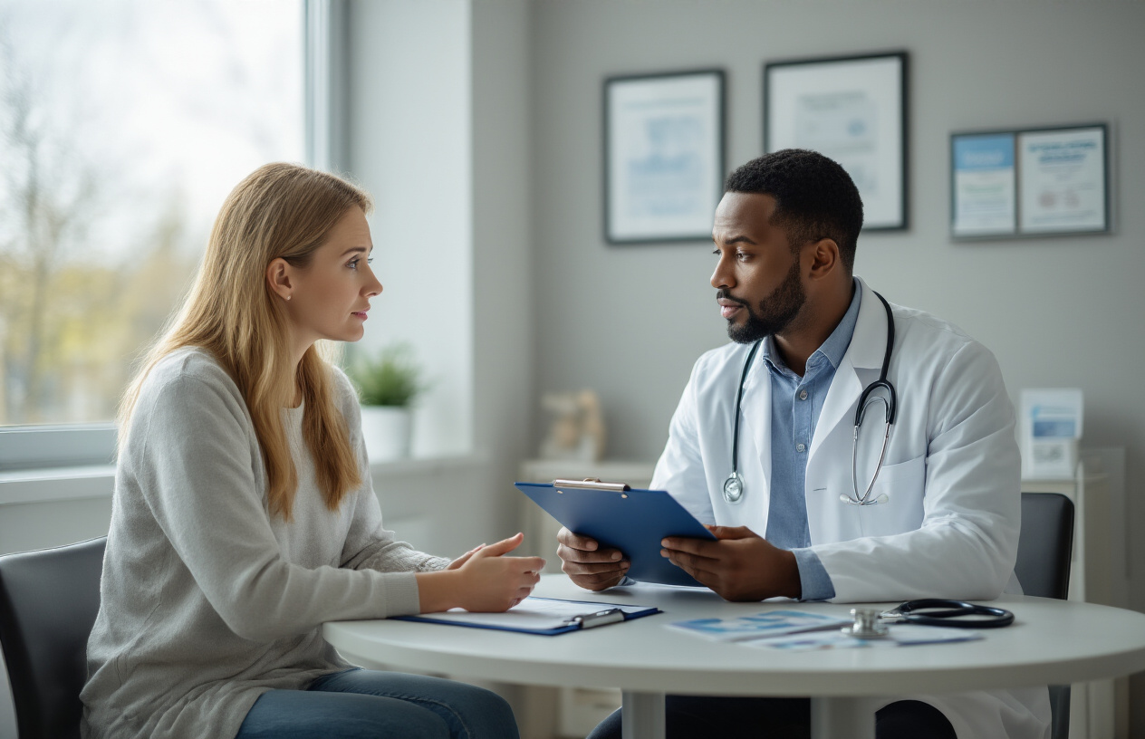 Create a realistic image of a concerned white female patient sitting across from a black male doctor in a modern medical office, the doctor holding a clipboard while discussing sleep issues, with medical diplomas on the wall behind them, soft natural lighting from a window, professional healthcare setting with a stethoscope on the desk and sleep-related pamphlets visible, calm and reassuring atmosphere conveying professional consultation, absolutely NO text should be in the scene.
