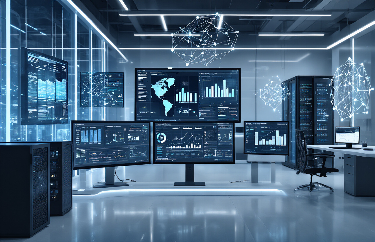 Create a realistic image of a modern digital landscape showcasing the current state of AI technology with multiple computer monitors displaying data analytics dashboards, neural network visualizations, and market growth charts, sleek servers and high-tech equipment in a contemporary tech office environment, holographic projections of interconnected nodes floating above the workstations, ambient blue and white LED lighting creating a futuristic atmosphere, glass surfaces reflecting the digital displays, clean minimalist design with metallic accents, professional corporate setting that conveys innovation and technological advancement. Absolutely NO text should be in the scene.