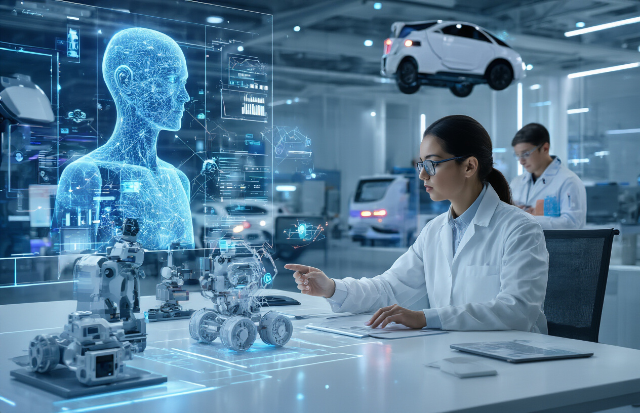 Create a realistic image of a modern digital transformation scene showing AI technology emerging across multiple industries, featuring a diverse workspace with a white male data scientist analyzing holographic AI neural network visualizations on transparent screens, a black female engineer working with robotic automation systems, industrial machinery with glowing AI sensors, healthcare monitoring devices displaying real-time data analytics, autonomous vehicles in the background, sleek metallic surfaces reflecting blue and purple LED lights, futuristic ambient lighting creating a professional high-tech atmosphere, floating digital particles and data streams connecting different technological elements, clean minimalist environment with glass and steel architecture, absolutely NO text should be in the scene.