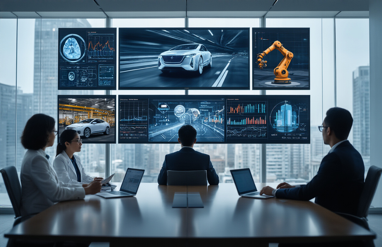 Create a realistic image of a modern corporate boardroom with multiple digital screens displaying AI applications across different industries including healthcare with medical imaging, autonomous vehicles on roads, robotic manufacturing arms in factories, financial trading charts, and smart city infrastructure, with diverse business professionals including white male, black female, and Asian male executives in suits analyzing the displays, professional lighting with a sleek contemporary atmosphere, absolutely NO text should be in the scene.