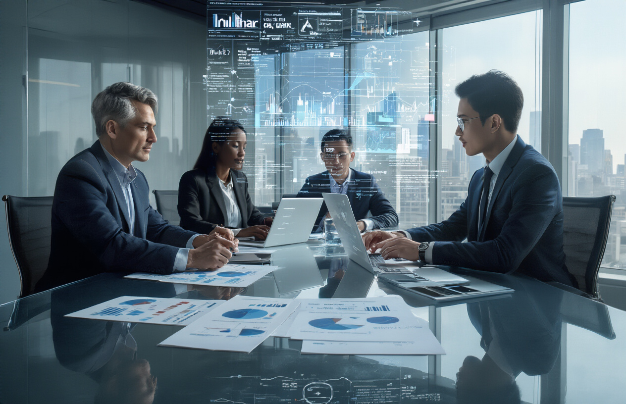 Create a realistic image of a modern conference room with diverse business professionals including white male, black female, and Asian male executives in suits sitting around a sleek glass table reviewing AI investment portfolios, with laptops displaying financial charts and graphs, venture capital funding documents scattered on the table, large windows showing a city skyline in the background, bright natural lighting creating a professional atmosphere, with subtle AI-related visual elements like holographic data projections floating above the table, absolutely NO text should be in the scene.