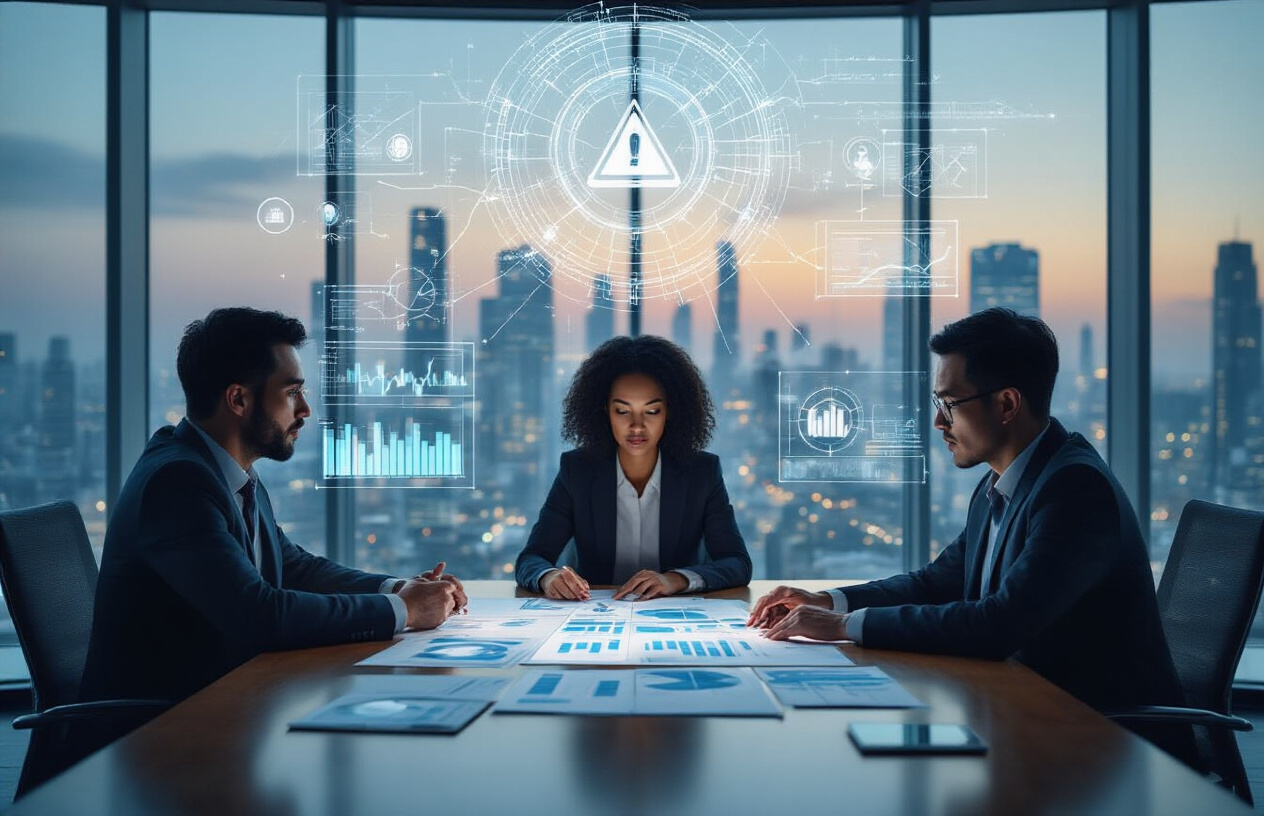 Create a realistic image of a diverse group of business professionals including a white male, black female, and Asian male executives sitting around a modern conference table in a sleek boardroom, analyzing complex AI-related charts and strategic documents spread across the table, with digital holographic projections showing interconnected network nodes and warning symbols floating above the table, large floor-to-ceiling windows revealing a futuristic cityscape in the background, dramatic lighting with warm ambient office lighting contrasted against cool blue holographic glows, creating a serious and contemplative atmosphere that conveys strategic planning and forward-thinking challenges, absolutely NO text should be in the scene.