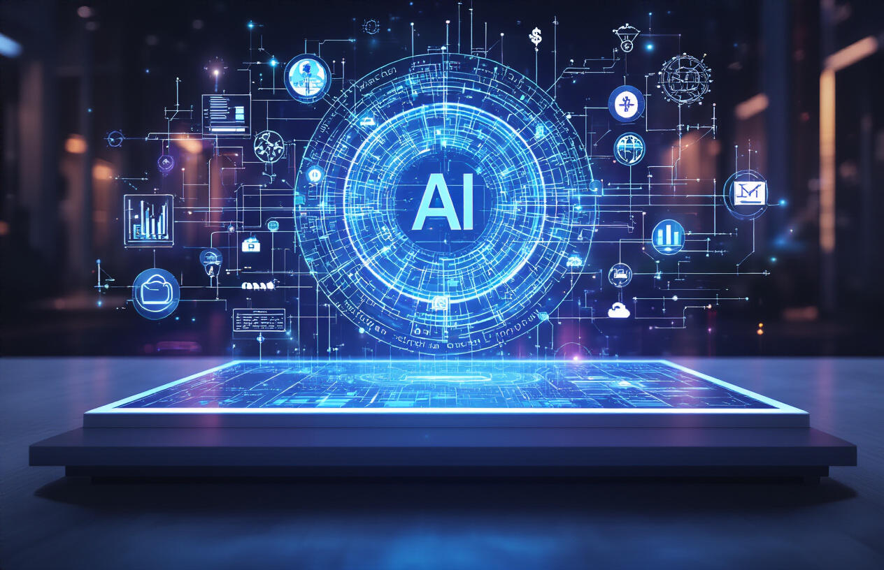 Create a realistic image of a futuristic digital workspace showing a holographic display of interconnected AI network nodes and data streams floating above a sleek modern desk, with abstract representations of various industries (healthcare symbols, financial charts, manufacturing icons, technology circuits) seamlessly integrated into the glowing blue and purple holographic visualization, set against a sophisticated dark background with subtle ambient lighting that creates a forward-looking, innovative atmosphere suggesting growth and technological advancement, absolutely NO text should be in the scene.