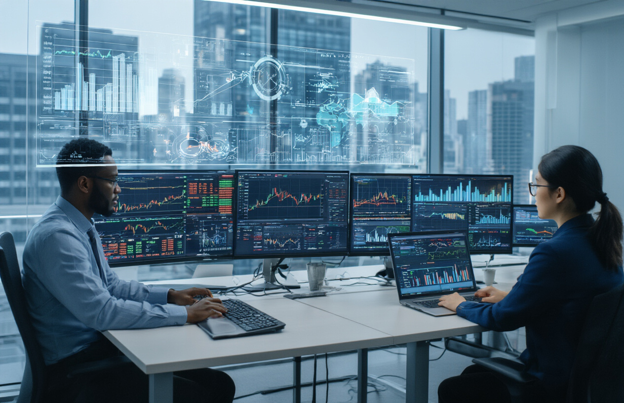 Create a realistic image of a modern financial operations center with multiple computer monitors displaying real-time trading data, stock charts, and AI analytics dashboards, featuring a diverse team including a black male financial analyst and an Asian female data scientist working collaboratively at sleek workstations, with holographic data visualizations and automated trading algorithms visible on screens, set in a contemporary glass-walled office with city skyline views, professional lighting, and a dynamic atmosphere of technological innovation transforming traditional finance, absolutely NO text should be in the scene.