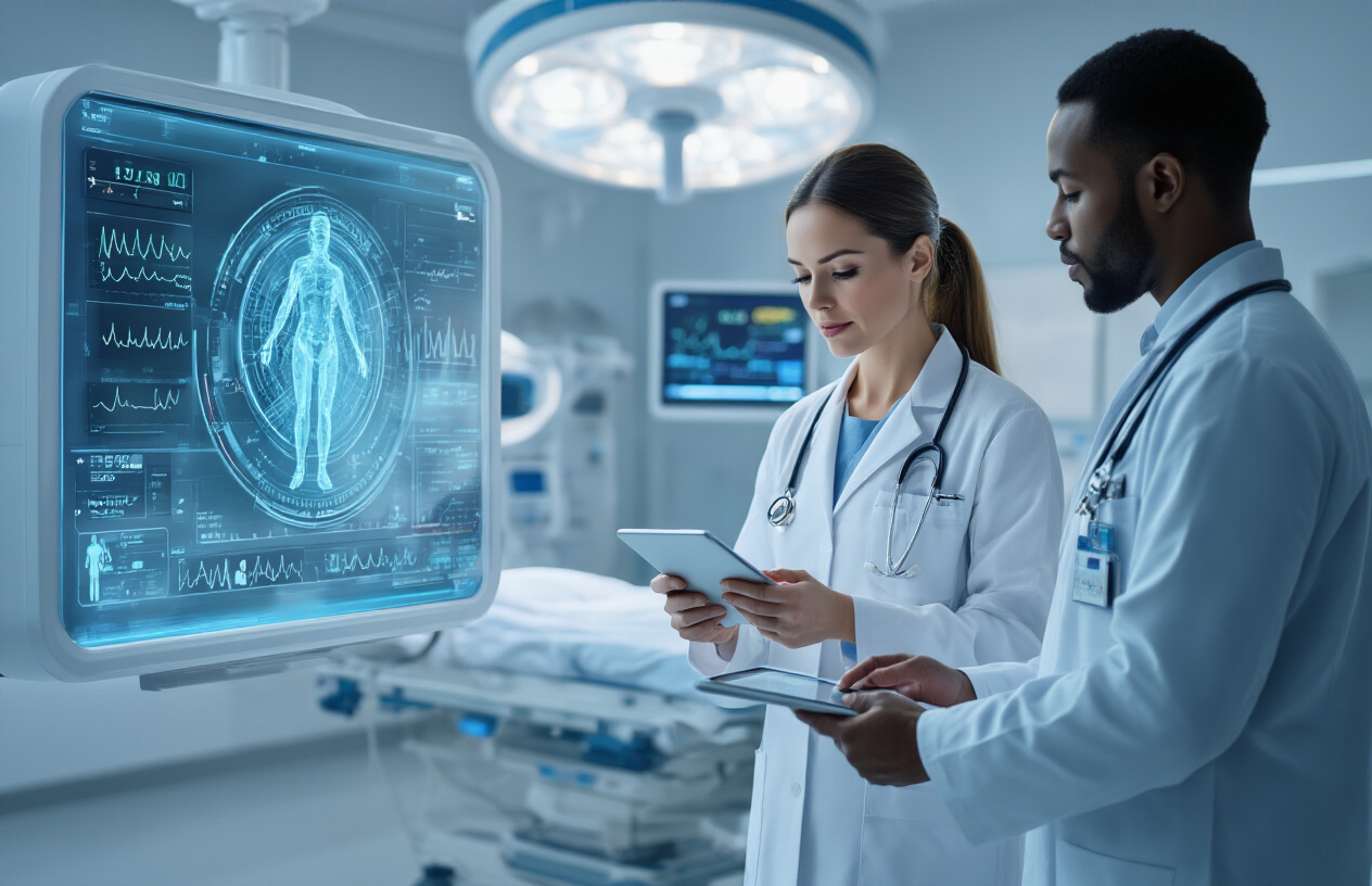 Create a realistic image of a modern hospital room with advanced AI-powered medical equipment including holographic displays showing patient vitals, a sleek robotic surgical assistant, and digital health monitoring screens, featuring a white female doctor in a lab coat examining data on a tablet while a black male nurse operates an intelligent diagnostic machine, with soft clinical lighting, clean white and blue color scheme, and a professional healthcare atmosphere that conveys cutting-edge medical technology integration, absolutely NO text should be in the scene.