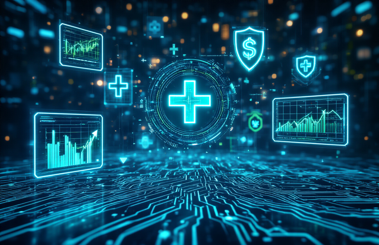 Create a realistic image of a futuristic digital landscape showing interconnected holographic displays floating in mid-air, featuring medical cross symbols, financial charts with upward trending arrows, and cybersecurity shield icons, all glowing in blue and green neon lights against a dark technological background with circuit board patterns, conveying innovation and advancement in AI technology across multiple industries, with soft ambient lighting creating a forward-looking atmosphere, absolutely NO text should be in the scene.