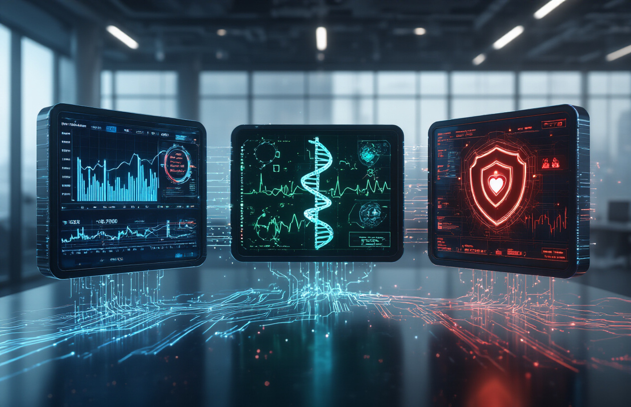Create a realistic image of a futuristic digital convergence scene showing three interconnected holographic displays floating in a modern office environment, with the left display showing financial charts and trading data with glowing blue circuit patterns, the center display featuring medical imagery like DNA helixes and heart rate monitors with green digital elements, and the right display showing cybersecurity shields and network protection symbols with red warning indicators, all connected by flowing streams of light and data particles, set against a sleek dark background with soft ambient lighting creating a professional and innovative atmosphere, absolutely NO text should be in the scene.