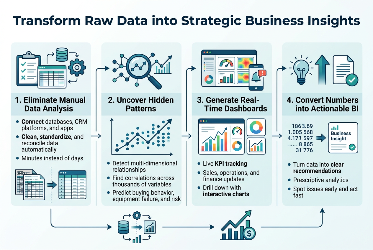 Create a full-bleed 3:2 landscape infographic in a clean modern corporate style, with a deep blue and teal color palette, white background panels, subtle gradients, and crisp sans-serif typography. Place a bold large headline across the top: "Transform Raw Data into Strategic Business Insights". Use a wide horizontal layout with four evenly spaced sections across the page, connected by thin arrows or flow lines from left to right. Add small professional icons beside each section title.
Section 1 on the left: a clipboard, spreadsheet, and automation gear icon. Title: "1. Eliminate Manual Data Analysis". Include short bullet text: "Connect databases, CRM platforms, and apps" and "Clean, standardize, and reconcile data automatically" and "Minutes instead of days". Show a split visual of messy spreadsheets transforming into clean organized tables.
Section 2 near left-center: a magnifying glass over a network of dots and trend lines icon. Title: "2. Uncover Hidden Patterns". Include short bullet text: "Detect multi-dimensional relationships" and "Find correlations across thousands of variables" and "Predict buying behavior, equipment failure, and risk". Show data points forming a hidden upward pattern.
Section 3 near right-center: a dashboard screen icon with charts, gauges, heat maps, and mobile phone notification icon. Title: "3. Generate Real-Time Dashboards". Include short bullet text: "Live KPI tracking" and "Sales, operations, and finance updates" and "Drill down with interactive charts". Show colorful charts updating in real time.
Section 4 on the right: a lightbulb, upward arrow, and document checkmark icon. Title: "4. Convert Numbers into Actionable BI". Include short bullet text: "Turn data into clear recommendations" and "Prescriptive analytics" and "Spot issues early and act fast". Show raw numbers transforming into a concise business insight card.
Add a small central visual at the bottom spanning the width: a flow from raw data icons on the left to strategic growth icons on the right, ending with an upward line graph and dollar growth symbol. Use clear section dividers, strong visual hierarchy, bold numbered labels, and polished infographic iconography. No border frame, no poster mockup, no extra text.