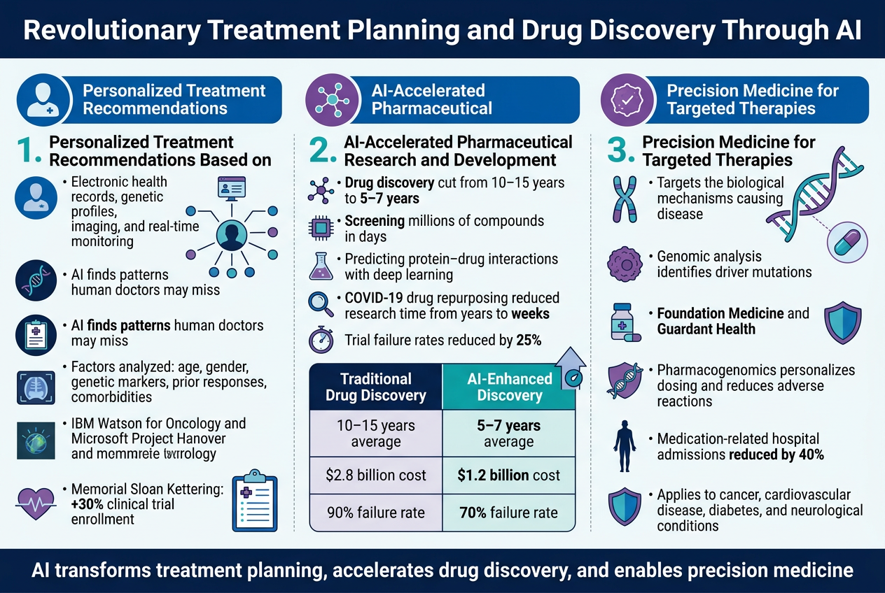 Create a full-bleed 3:2 landscape infographic with a clean modern medical-tech style, white background with deep blue, teal, and purple accents, subtle gradient shapes, thin line dividers, and crisp sans-serif typography. Place a bold top header across the full width:

"Revolutionary Treatment Planning and Drug Discovery Through AI"

Below the header, organize the infographic into three wide horizontal sections with icons and concise text blocks, using a clear visual hierarchy and left-to-right reading flow.

LEFT SECTION: Personalized Treatment Recommendations
Use a blue patient profile icon, DNA helix icon, medical record icon, imaging scan icon, and heart-rate monitor icon. Title the block:
"1. Personalized Treatment Recommendations Based on Patient Data"

Add short bullet-style text:
"• Electronic health records, genetic profiles, imaging, and real-time monitoring"
"• AI finds patterns human doctors may miss"
"• Factors analyzed: age, gender, genetic markers, prior responses, comorbidities"
"• IBM Watson for Oncology and Microsoft Project Hanover"
"• Memorial Sloan Kettering: +30% clinical trial enrollment"

Show a small visual of a patient profile connected to data nodes and a clinical trial clipboard.

CENTER SECTION: AI-Accelerated Pharmaceutical Research and Development
Use icons of a molecule, computer chip, lab flask, magnifying glass, and stopwatch. Title the block:
"2. AI-Accelerated Pharmaceutical Research and Development"

Add short bullet-style text:
"• Drug discovery cut from 10–15 years to 5–7 years"
"• Screening millions of compounds in days"
"• Predicting protein–drug interactions with deep learning"
"• COVID-19 drug repurposing reduced research time from years to weeks"
"• Trial failure rates reduced by 25%"

Include a prominent comparison table centered in this section with two columns and three rows, exact text:
"Traditional Drug Discovery" | "AI-Enhanced Discovery"
"10–15 years average" | "5–7 years average"
"$2.8 billion cost" | "$1.2 billion cost"
"90% failure rate" | "70% failure rate"

Add a small upward arrow or speed icon beside the AI column.

RIGHT SECTION: Precision Medicine for Targeted Therapies
Use icons of a chromosome, tumor cell, pill bottle, shield, and human silhouette. Title the block:
"3. Precision Medicine for Targeted Therapies"

Add short bullet-style text:
"• Targets the biological mechanisms causing disease"
"• Genomic analysis identifies driver mutations"
"• Foundation Medicine and Guardant Health"
"• Pharmacogenomics personalizes dosing and reduces adverse reactions"
"• Medication-related hospital admissions reduced by 40%"
"• Applies to cancer, cardiovascular disease, diabetes, and neurological conditions"

Show a small visual of a DNA strand connecting to a targeted therapy pill and a shield icon.

At the bottom, add a thin footer strip with a key summary line in bold:
"AI transforms treatment planning, accelerates drug discovery, and enables precision medicine"

Use strong blue section headers, teal highlight numbers, purple accent icons, and dark gray body text. Keep spacing balanced, with wide horizontal panels, clear separation, and professional infographic styling. No borders around the whole image, no vertical poster layout, no inset frame.