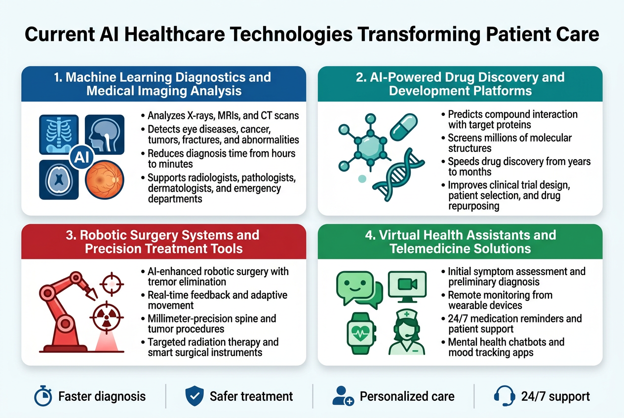Create a full-bleed professional infographic in a clean modern medical style, aspect ratio 3:2, with a white background, deep blue and teal accents, light gray dividers, and subtle gradient highlights. Use bold sans-serif typography for headings and smaller readable sans-serif text for body copy. Place a clear bold title across the top center:

"Current AI Healthcare Technologies Transforming Patient Care"

Below the title, organize the content into four wide horizontal sections in a 2x2 grid layout with rounded white cards, each with a colored header bar, a large icon on the left, and concise bullet points on the right.

Top left section:
Header text: "1. Machine Learning Diagnostics and Medical Imaging Analysis"
Icon: blue X-ray image, MRI scan, CT scan, and retina scan symbols combined
Bullets:
• "Analyzes X-rays, MRIs, and CT scans"
• "Detects eye diseases, cancer, tumors, fractures, and abnormalities"
• "Reduces diagnosis time from hours to minutes"
• "Supports radiologists, pathologists, dermatologists, and emergency departments"

Top right section:
Header text: "2. AI-Powered Drug Discovery and Development Platforms"
Icon: teal molecular structure with a pill capsule and DNA helix
Bullets:
• "Predicts compound interaction with target proteins"
• "Screens millions of molecular structures"
• "Speeds drug discovery from years to months"
• "Improves clinical trial design, patient selection, and drug repurposing"

Bottom left section:
Header text: "3. Robotic Surgery Systems and Precision Treatment Tools"
Icon: red robotic surgical arm with a crosshair target and radiation beam
Bullets:
• "AI-enhanced robotic surgery with tremor elimination"
• "Real-time feedback and adaptive movement"
• "Millimeter-precision spine and tumor procedures"
• "Targeted radiation therapy and smart surgical instruments"

Bottom right section:
Header text: "4. Virtual Health Assistants and Telemedicine Solutions"
Icon: green chatbot speech bubble, video call screen, wearable heart-rate monitor, and nurse headset
Bullets:
• "Initial symptom assessment and preliminary diagnosis"
• "Remote monitoring from wearable devices"
• "24/7 medication reminders and patient support"
• "Mental health chatbots and mood tracking apps"

Add a slim bottom strip spanning the full width with four small labeled feature icons and short captions:
"Faster diagnosis" with a stopwatch icon,
"Safer treatment" with a shield icon,
"Personalized care" with a user-plus icon,
"24/7 support" with a headset icon.

Use clear visual hierarchy, strong spacing, aligned columns, and crisp vector illustration style. Keep the layout wide and balanced, with no vertical poster frame and no crowded center stack.