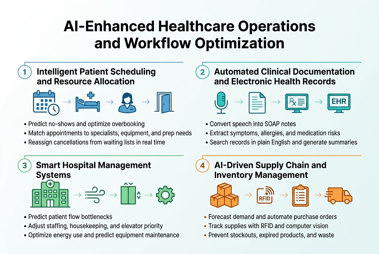 Create a full-bleed landscape infographic in 3:2 aspect ratio, clean modern healthcare-tech style, white background with teal, blue, green, and orange accents, subtle gradients, thin line dividers, crisp sans-serif typography.

Place a large bold title across the top center:
"AI-Enhanced Healthcare Operations and Workflow Optimization"

Below the title, arrange four wide horizontal sections in a 2x2 grid with clear numbered badges and icons, using strong visual hierarchy and balanced spacing.

Section 1 at upper left:
Heading: "1 Intelligent Patient Scheduling and Resource Allocation"
Icon: blue calendar with clock, hospital bed, staff silhouette, and room door symbols.
Include three short bullets:
• "Predict no-shows and optimize overbooking"
• "Match appointments to specialists, equipment, and prep needs"
• "Reassign cancellations from waiting lists in real time"

Section 2 at upper right:
Heading: "2 Automated Clinical Documentation and Electronic Health Records"
Icon: teal microphone, document page, and EHR screen.
Include three short bullets:
• "Convert speech into SOAP notes"
• "Extract symptoms, allergies, and medication risks"
• "Search records in plain English and generate summaries"

Section 3 at lower left:
Heading: "3 Smart Hospital Management Systems"
Icon: green hospital building with airflow, elevator, and gear symbols.
Include three short bullets:
• "Predict patient flow bottlenecks"
• "Adjust staffing, housekeeping, and elevator priority"
• "Optimize energy use and predict equipment maintenance"

Section 4 at lower right:
Heading: "4 AI-Driven Supply Chain and Inventory Management"
Icon: orange boxes, RFID tag, clipboard, and delivery truck.
Include three short bullets:
• "Forecast demand and automate purchase orders"
• "Track supplies with RFID and computer vision"
• "Prevent stockouts, expired products, and waste"

Use small numbered circles 1–4 beside each heading. Add subtle connecting lines or arrows between related icons within each section. Keep all text sharp, legible, and minimal. Use a professional infographic layout with no frame, no poster border, and no centered vertical stack.