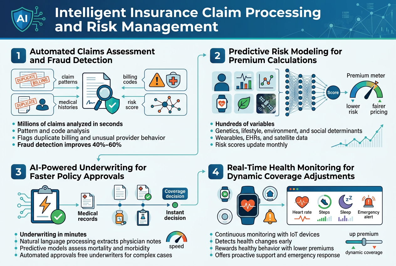 Create a full-bleed professional infographic in a 3:2 aspect ratio with a clean white background, deep blue and teal color palette, and orange accent highlights. Use modern sans-serif fonts with a bold large title at the top center: "Intelligent Insurance Claim Processing and Risk Management". Arrange the content in four wide horizontal sections or a two-by-two grid across the page, with clear numbered headers, icons, and short explanatory text. Use crisp vector-style illustrations, thin connecting lines, subtle data charts, and a polished fintech/health-tech aesthetic.

Top header area: a bold title bar with a blue gradient, a small shield-and-AI circuit icon on the left, and a faint background pattern of data nodes and lines.

Section 1 on the upper left: numbered block "1 Automated Claims Assessment and Fraud Detection" with an icon of a document, magnifying glass, and shield. Include three small visual callouts around the icon: duplicate billing stamps, a warning triangle over a medical cross, and a suspicious network graph. Add short text beneath: "Millions of claims analyzed in seconds", "Pattern and code analysis", "Flags duplicate billing and unusual provider behavior", "Fraud detection improves 40%–60%". Include tiny labels near arrows: "claim patterns", "medical histories", "billing codes", "risk score".

Section 2 on the upper right: numbered block "2 Predictive Risk Modeling for Premium Calculations" with an icon set showing a person silhouette, health data charts, wearable watch, leaf, and satellite imagery. Show a layered risk model graphic with many input nodes feeding into a central score. Add short text beneath: "Hundreds of variables", "Genetics, lifestyle, environment, and social determinants", "Wearables, EHRs, and satellite data", "Risk scores update monthly". Use a dynamic premium meter graphic labeled "lower risk" and "fairer pricing".

Section 3 on the lower left: numbered block "3 AI-Powered Underwriting for Faster Policy Approvals" with an icon of a clipboard, lightning bolt, and checkmark. Show a workflow timeline from medical records to instant decision, with small document, prescription bottle, and lab result icons. Add short text beneath: "Underwriting in minutes", "Natural language processing extracts physician notes", "Predictive models assess mortality and morbidity", "Automated approvals free underwriters for complex cases". Include a small decision badge reading "Coverage decision" and a speed indicator.

Section 4 on the lower right: numbered block "4 Real-Time Health Monitoring for Dynamic Coverage Adjustments" with an icon of a smartwatch, home sensor, heartbeat line, and alert bell. Show a live dashboard with heart rate, steps, sleep, and emergency alert visuals. Add short text beneath: "Continuous monitoring with IoT devices", "Detects health changes early", "Rewards healthy behavior with lower premiums", "Offers proactive support and emergency response". Include a small up/down premium slider labeled "dynamic coverage".

Connect the four sections with subtle arrows or flow lines to suggest an integrated AI insurance system. Use teal data lines, blue panels, orange alert markers, and green positive indicators. Keep layout balanced, spacious, and highly legible, with clear hierarchy and neat alignment.
