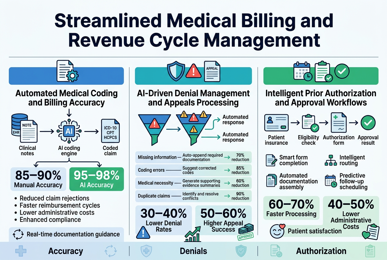 Full-bleed 3:2 landscape infographic, clean modern healthcare style, white background with blue, teal, and green accents, bold sans-serif typography, clear visual hierarchy.

Top header across full width: large bold title in dark navy text, centered-left:
"Streamlined Medical Billing and Revenue Cycle Management"

Below the title, a thin horizontal divider line and three wide side-by-side content panels spanning the page from left to right, each with a colored header bar, a large icon, a bold section title, key stats, and short bullet points.

LEFT PANEL: blue header bar with a document-and-gear icon.
Section title:
"Automated Medical Coding and Billing Accuracy"
Show a flow of clinical notes → AI coding engine → coded claim, with small icons for EHR, note page, and code tags labeled "ICD-10", "CPT", "HCPCS".
Include a large stat badge:
"85–90% Manual Accuracy"
and a second highlighted stat badge in green:
"95–98% AI Accuracy"
Bullets in compact text:
"Reduced claim rejections"
"Faster reimbursement cycles"
"Lower administrative costs"
"Enhanced compliance"
Bottom strip with small feedback loop icon and text:
"Real-time documentation guidance"

CENTER PANEL: teal header bar with a shield, alert, and appeal document icon.
Section title:
"AI-Driven Denial Management and Appeals Processing"
Show a denial funnel or dashboard with warning icons and automated response arrows.
Include a small table-style block with three rows and simple check icons:
"Missing information — Auto-append required documentation — 70% reduction"
"Coding errors — Suggest corrected codes — 85% reduction"
"Medical necessity — Generate supporting evidence summaries — 60% reduction"
"Duplicate claims — Identify and resolve conflicts — 90% reduction"
Add two prominent stat badges near the bottom:
"30–40% Lower Denial Rates"
"50–60% Higher Appeal Success"
Include a small rising revenue arrow icon and a stack of approved claim stamps.

RIGHT PANEL: green header bar with a calendar, form, and checkmark icon.
Section title:
"Intelligent Prior Authorization and Approval Workflows"
Show a workflow from patient insurance card → eligibility check → authorization form → approval result, with connected arrows.
Include four compact feature callouts with icons:
"Smart form completion"
"Automated documentation assembly"
"Intelligent routing"
"Predictive follow-up scheduling"
Add two bold stat badges:
"60–70% Faster Processing"
"40–50% Lower Administrative Costs"
Include a small patient satisfaction icon with a smiling face and heart.

Footer band across the bottom, light blue tint, with three small summary labels separated by vertical dividers:
"Accuracy"
"Denials"
"Authorization"
Add subtle medical cross, shield, and clipboard icons in the footer area.

Use strong contrast, crisp edges, evenly spaced alignment, professional hospital/healthtech aesthetic, no frame border, no extra text beyond the words shown above.