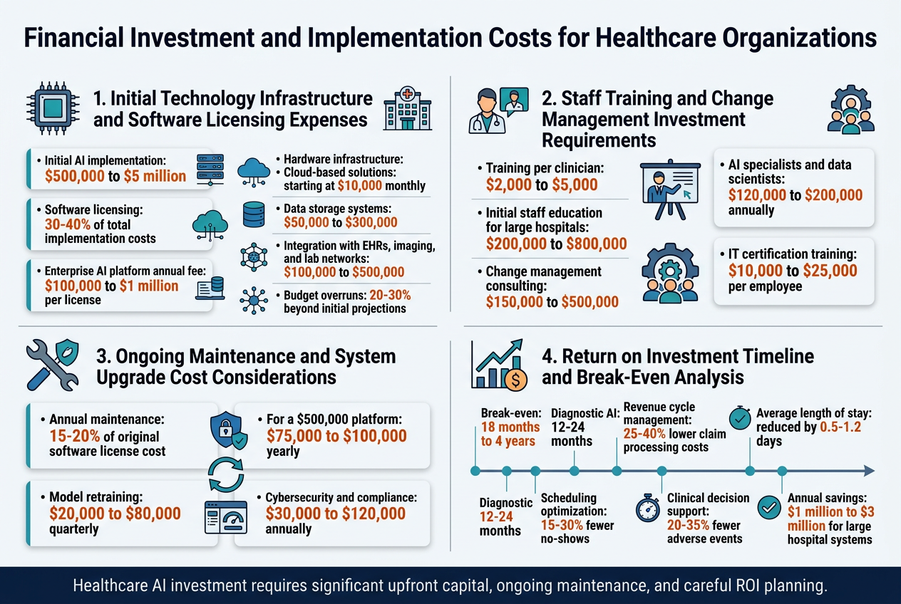 Create a clean professional full-bleed infographic in a 3:2 aspect ratio with a white background, dark navy headings, teal and blue accent colors, and orange highlight numbers, using modern sans-serif fonts. Place a bold large title across the top: "Financial Investment and Implementation Costs for Healthcare Organizations". Use a wide horizontal layout with four large sections arranged in a 2x2 grid, each with an icon, a section heading, and short bullet-style cost callouts. Include thin dividers, subtle shadowed cards, and simple healthcare/technology icons.

Top left section with a computer chip and hospital icon:
"1. Initial Technology Infrastructure and Software Licensing Expenses"
Show three horizontal cost blocks:
"Initial AI implementation: $500,000 to $5 million"
"Software licensing: 30-40% of total implementation costs"
"Enterprise AI platform annual fee: $100,000 to $1 million per license"
"Hardware infrastructure: $200,000 to $800,000"
"Cloud-based solutions: starting at $10,000 monthly"
"Data storage systems: $50,000 to $300,000"
"Integration with EHRs, imaging, and lab networks: $100,000 to $500,000"
"Budget overruns: 20-30% beyond initial projections"
Use a server rack icon, cloud icon, database icon, and connected network lines.

Top right section with a training and people icon:
"2. Staff Training and Change Management Investment Requirements"
Show three concise callouts:
"Training per clinician: $2,000 to $5,000"
"Initial staff education for large hospitals: $200,000 to $800,000"
"Change management consulting: $150,000 to $500,000"
"AI specialists and data scientists: $120,000 to $200,000 annually"
"IT certification training: $10,000 to $25,000 per employee"
Use icons of doctors, a presentation board, and a gear with people.

Bottom left section with a wrench, shield, and refresh arrows icon:
"3. Ongoing Maintenance and System Upgrade Cost Considerations"
Show three cost blocks:
"Annual maintenance: 15-20% of original software license cost"
"For a $500,000 platform: $75,000 to $100,000 yearly"
"Model retraining: $20,000 to $80,000 quarterly"
"Cybersecurity and compliance: $30,000 to $120,000 annually"
Use icons for security lock, update arrows, and monitoring dashboard.

Bottom right section with a rising chart and dollar sign icon:
"4. Return on Investment Timeline and Break-Even Analysis"
Show a timeline graphic with labeled milestones:
"Break-even: 18 months to 4 years"
"Diagnostic AI: 12-24 months"
"Revenue cycle management: 25-40% lower claim processing costs"
"Scheduling optimization: 15-30% fewer no-shows"
"Clinical decision support: 20-35% fewer adverse events"
"Average length of stay: reduced by 0.5-1.2 days"
"Annual savings: $1 million to $3 million for large hospital systems"
Use a line chart, upward arrow, stopwatch, and checkmark icons.

Add a narrow footer band across the bottom in dark blue with white text:
"Healthcare AI investment requires significant upfront capital, ongoing maintenance, and careful ROI planning."
Make the layout balanced, information-dense, and easy to scan, with clear spacing, bold numeric highlights, and medical-tech visual symbols.