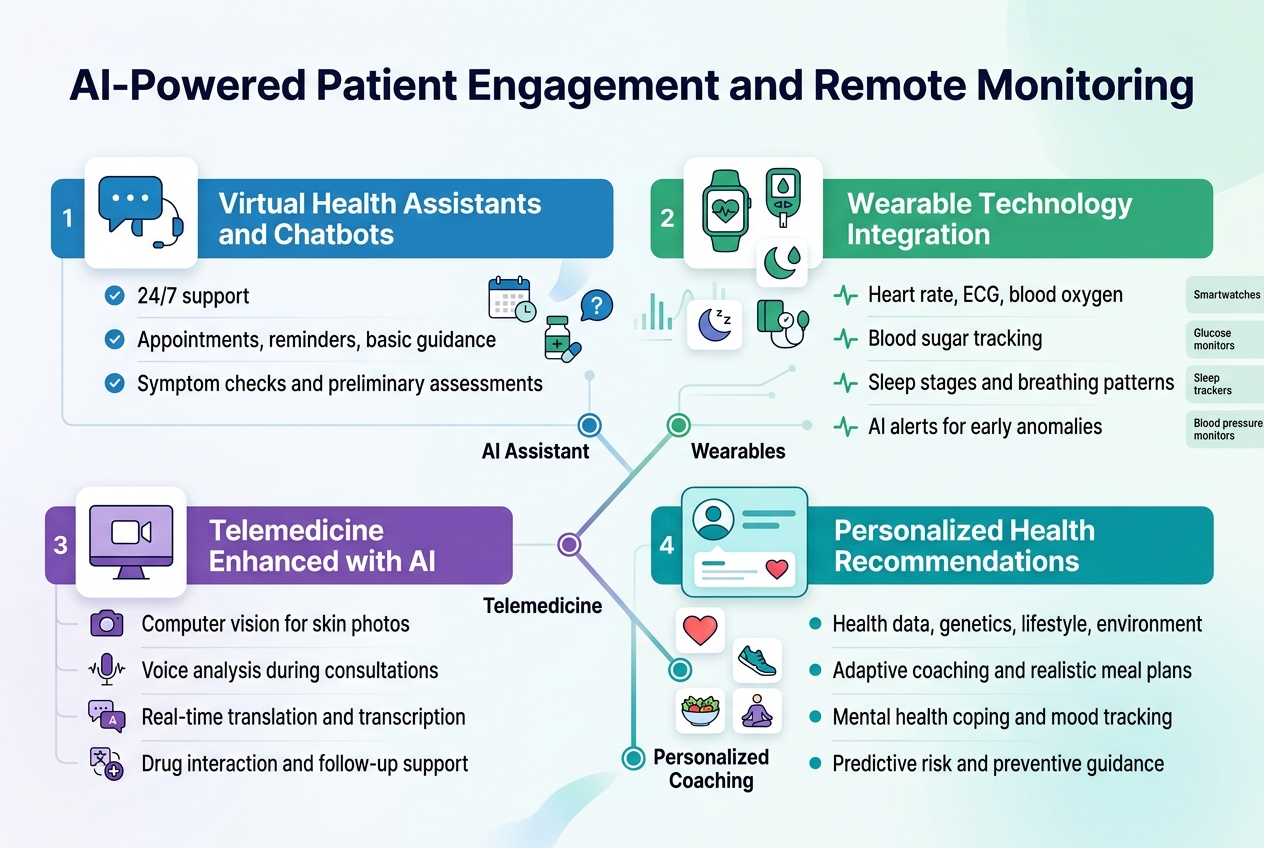 Create a clean, modern healthcare infographic in a 3:2 aspect ratio with a full-bleed layout, no frame, no inset margins, and a wide horizontal composition. Use a white background with teal, blue, green, and purple accents, subtle gradient shapes, and crisp sans-serif typography. 

At the top center, place a bold title in dark navy text: "AI-Powered Patient Engagement and Remote Monitoring"

Below the title, arrange four wide horizontal content sections in a 2x2 grid, each with a colored header bar, a clear icon, and short bullet points. Use strong visual hierarchy, with section headings larger than body text.

Section 1 on the upper left: a blue chat bubble and headset icon. Heading text: "Virtual Health Assistants and Chatbots". Include three short bullets with small check icons:
"24/7 support"
"Appointments, reminders, basic guidance"
"Symptom checks and preliminary assessments"
Add small mini-icons near the bullets: calendar, pill bottle, and question mark.

Section 2 on the upper right: a green smartwatch, glucose meter, sleep moon, and blood pressure cuff icon cluster. Heading text: "Wearable Technology Integration". Include four short bullets with small pulse icons:
"Heart rate, ECG, blood oxygen"
"Blood sugar tracking"
"Sleep stages and breathing patterns"
"AI alerts for early anomalies"
Add a thin side strip with tiny labels:
"Smartwatches"
"Glucose monitors"
"Sleep trackers"
"Blood pressure monitors"

Section 3 on the lower left: a purple video call screen, skin photo, microphone, and translation icon. Heading text: "Telemedicine Enhanced with AI". Include four short bullets:
"Computer vision for skin photos"
"Voice analysis during consultations"
"Real-time translation and transcription"
"Drug interaction and follow-up support"
Place small icons beside each bullet: camera, waveform, speech bubbles, and medical cross.

Section 4 on the lower right: a teal personalized profile card with heart, running shoe, salad bowl, and meditation icon. Heading text: "Personalized Health Recommendations". Include four short bullets:
"Health data, genetics, lifestyle, environment"
"Adaptive coaching and realistic meal plans"
"Mental health coping and mood tracking"
"Predictive risk and preventive guidance"

Across the center or bottom center, add a connected flow line with four labeled nodes and icons:
"AI Assistant"
"Wearables"
"Telemedicine"
"Personalized Coaching"

Use simple medical technology illustrations, subtle data lines, and rounded cards. Keep all text highly legible, balanced, and professionally aligned.