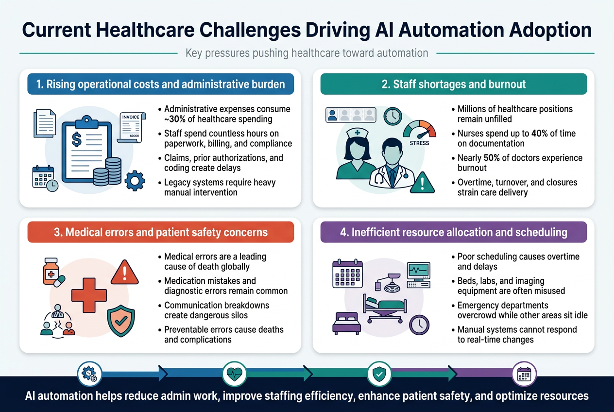 Create a clean, professional full-bleed infographic in 3:2 aspect ratio with a modern healthcare-tech aesthetic. Use a white background with deep blue, teal, and green accents, subtle gray dividers, and bold sans-serif fonts. Place a large bold title across the top: "Current Healthcare Challenges Driving AI Automation Adoption". Use a wide horizontal layout with four equal sections in a 2x2 grid beneath the title, each section in a rounded white card with a colored header bar, a large icon, and short bullet points.

Top title area:
- Large dark navy title centered at the top
- Thin teal line beneath the title
- Small subtitle in lighter gray centered under the title: "Key pressures pushing healthcare toward automation"

Section 1, top-left card:
- Header text in a blue bar: "1. Rising operational costs and administrative burden"
- Icon: a blue clipboard, billing document, and coin stack
- Bullet points:
  • "Administrative expenses consume ~30% of healthcare spending"
  • "Staff spend countless hours on paperwork, billing, and compliance"
  • "Claims, prior authorizations, and coding create delays"
  • "Legacy systems require heavy manual intervention"
- Add small visual markers: paper forms, calendar, invoice, and gear icons

Section 2, top-right card:
- Header text in a teal bar: "2. Staff shortages and burnout"
- Icon: a nurse silhouette, doctor figure, and stress gauge
- Bullet points:
  • "Millions of healthcare positions remain unfilled"
  • "Nurses spend up to 40% of time on documentation"
  • "Nearly 50% of doctors experience burnout"
  • "Overtime, turnover, and closures strain care delivery"
- Add small visual markers: empty staff slots, clock, exhausted face, and warning symbol

Section 3, bottom-left card:
- Header text in a red-orange bar: "3. Medical errors and patient safety concerns"
- Icon: a medical cross, alert triangle, and shield
- Bullet points:
  • "Medical errors are a leading cause of death globally"
  • "Medication mistakes and diagnostic errors remain common"
  • "Communication breakdowns create dangerous silos"
  • "Preventable errors cause deaths and complications"
- Add small visual markers: pill bottle, exclamation mark, broken link between care team icons, and patient safety shield

Section 4, bottom-right card:
- Header text in a purple bar: "4. Inefficient resource allocation and scheduling"
- Icon: a hospital calendar, operating room, bed, and equipment
- Bullet points:
  • "Poor scheduling causes overtime and delays"
  • "Beds, labs, and imaging equipment are often misused"
  • "Emergency departments overcrowd while other areas sit idle"
  • "Manual systems cannot respond to real-time changes"
- Add small visual markers: calendar grid, bed icon, equipment monitor, and clock

Bottom strip across the full width:
- A bold dark navy takeaway banner with the text: "AI automation helps reduce admin work, improve staffing efficiency, enhance patient safety, and optimize resources"
- Include a flowing arrow or connected line with four small icons: automation gear, hospital heart, shield, and scheduling calendar

Style details:
- Clean flat vector illustration style
- Clear hierarchy with large headings and smaller body text
- Use consistent spacing and aligned cards
- No photo realism
- No vertical poster layout
- No inset frame
- Maintain wide horizontal composition with balanced whitespace