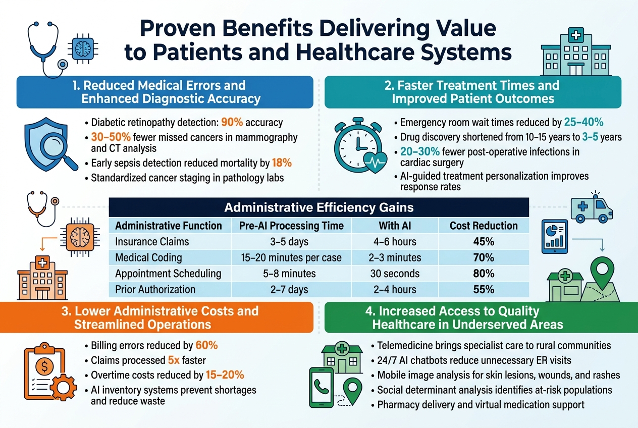 Create a full-bleed landscape infographic in 3:2 aspect ratio with a clean modern healthcare design, white background, blue and teal color palette with orange accent highlights, bold sans-serif typography, subtle grid lines, and clear visual hierarchy.

Top center: large bold title in dark navy text: "Proven Benefits Delivering Value to Patients and Healthcare Systems"

Below the title, arrange four wide horizontal sections in a 2x2 grid across the page, each section with a colored header bar, a simple flat icon, and short bullet points with key stats.

Section 1, top left:
Header text: "1. Reduced Medical Errors and Enhanced Diagnostic Accuracy"
Icon: blue medical shield with magnifying glass
Bullet points:
"• Diabetic retinopathy detection: 90% accuracy"
"• 30–50% fewer missed cancers in mammography and CT analysis"
"• Early sepsis detection reduced mortality by 18%"
"• Standardized cancer staging in pathology labs"

Section 2, top right:
Header text: "2. Faster Treatment Times and Improved Patient Outcomes"
Icon: teal emergency clock with heartbeat line
Bullet points:
"• Emergency room wait times reduced by 25–40%"
"• Drug discovery shortened from 10–15 years to 3–5 years"
"• 20–30% fewer post-operative infections in cardiac surgery"
"• AI-guided treatment personalization improves response rates"

Center across the middle, spanning both columns: a slim comparison table with bold header row, clean lines, and alternating light blue rows.
Table title: "Administrative Efficiency Gains"
Columns:
"Administrative Function"
"Pre-AI Processing Time"
"With AI"
"Cost Reduction"
Rows:
"Insurance Claims | 3–5 days | 4–6 hours | 45%"
"Medical Coding | 15–20 minutes per case | 2–3 minutes | 70%"
"Appointment Scheduling | 5–8 minutes | 30 seconds | 80%"
"Prior Authorization | 2–7 days | 2–4 hours | 55%"

Section 3, bottom left:
Header text: "3. Lower Administrative Costs and Streamlined Operations"
Icon: orange clipboard with dollar sign and gears
Bullet points:
"• Billing errors reduced by 60%"
"• Claims processed 5x faster"
"• Overtime costs reduced by 15–20%"
"• AI inventory systems prevent shortages and reduce waste"

Section 4, bottom right:
Header text: "4. Increased Access to Quality Healthcare in Underserved Areas"
Icon: green rural clinic, phone, and location pin
Bullet points:
"• Telemedicine brings specialist care to rural communities"
"• 24/7 AI chatbots reduce unnecessary ER visits"
"• Mobile image analysis for skin lesions, wounds, and rashes"
"• Social determinant analysis identifies at-risk populations"
"• Pharmacy delivery and virtual medication support"

Add small supporting visual symbols throughout: stethoscope, brain-chip, hospital building, ambulance, tablet with chart, pill bottle, and rural map pin. Use bold numeric highlights in orange and teal, with short connector lines or subtle arrows. Keep all text crisp and legible, balanced across the wide layout, with no centered vertical poster composition.